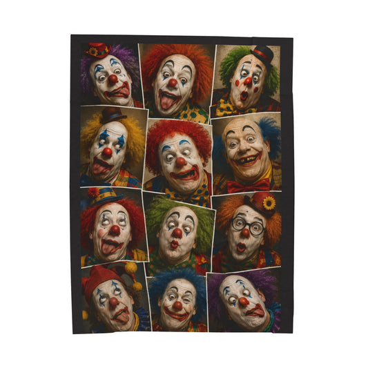 Clown Collage Velveteen Plush Blanket — Vintage Circus Faces Throw