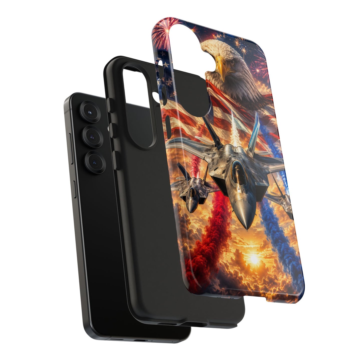Patriotic Fighter Jet Phone Case with Eagle, American Flag & Fireworks Design