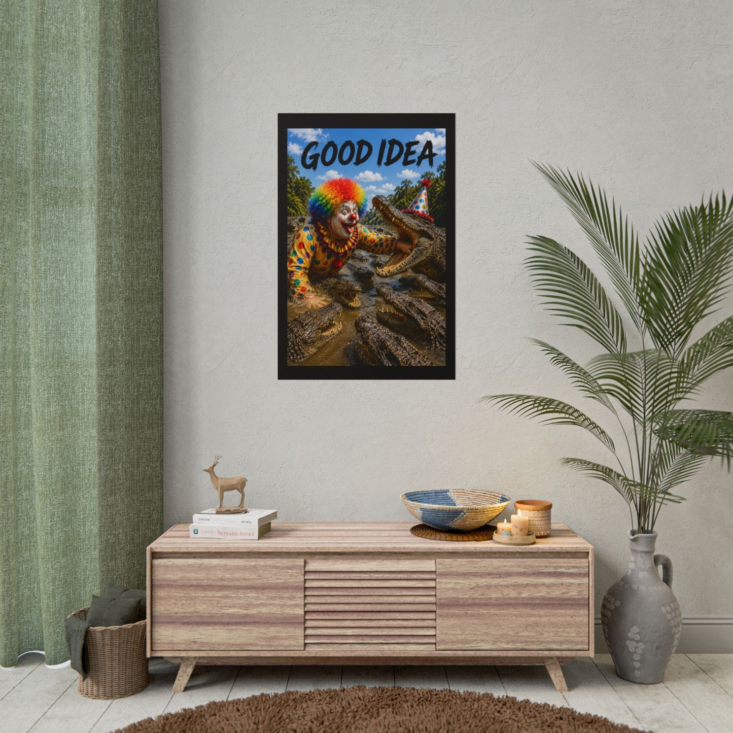 Clown & Crocodile 'Good Idea' Poster - Funny Surreal Wall Art