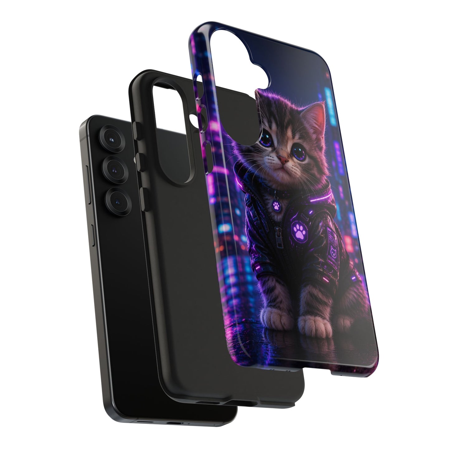 Cyberpunk Kitten Tough Phone Case — Neon Cat Protective Phone Cover
