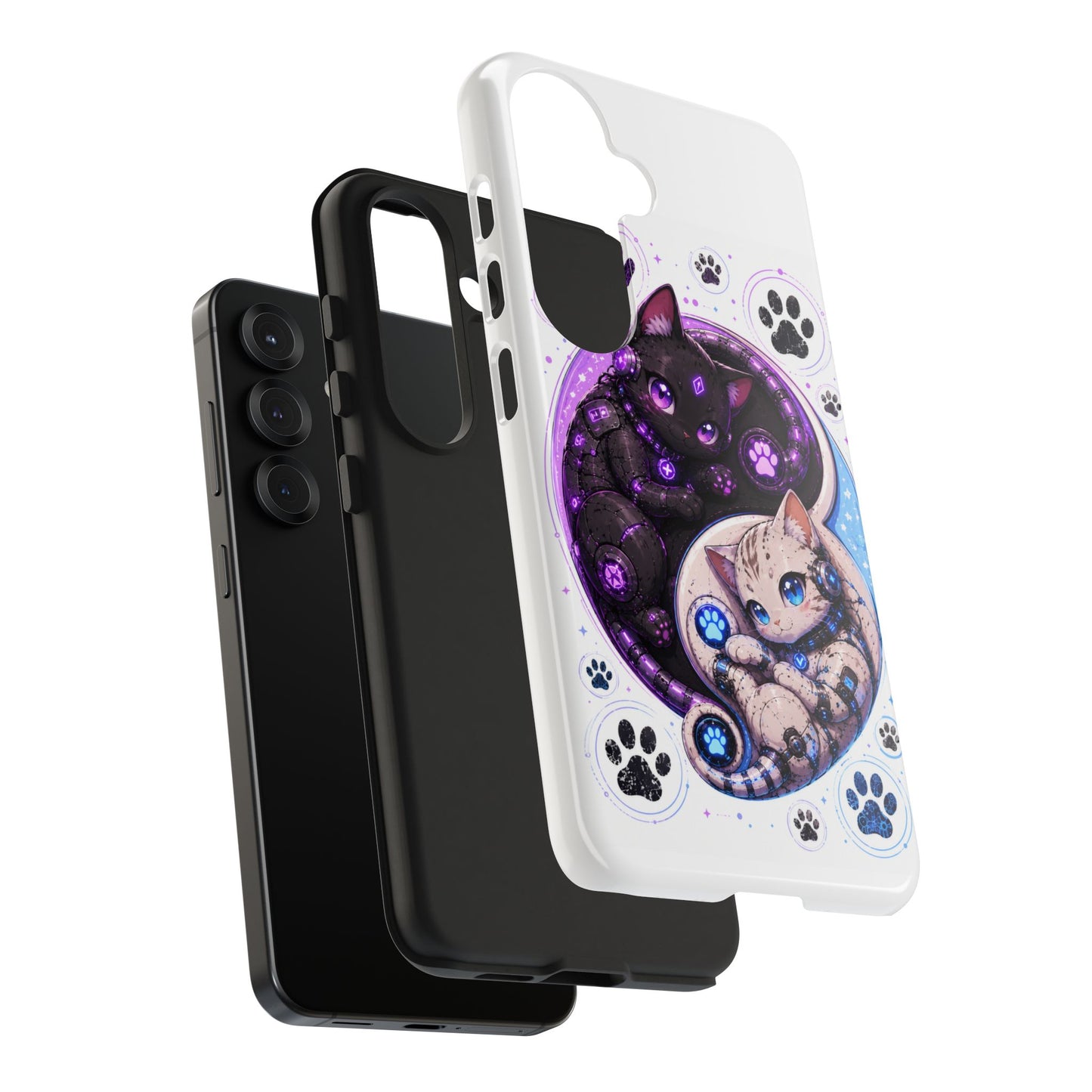 Cat Yin Yang Tough Phone Case — Black & White Kittens, Paw Print Protective Cover