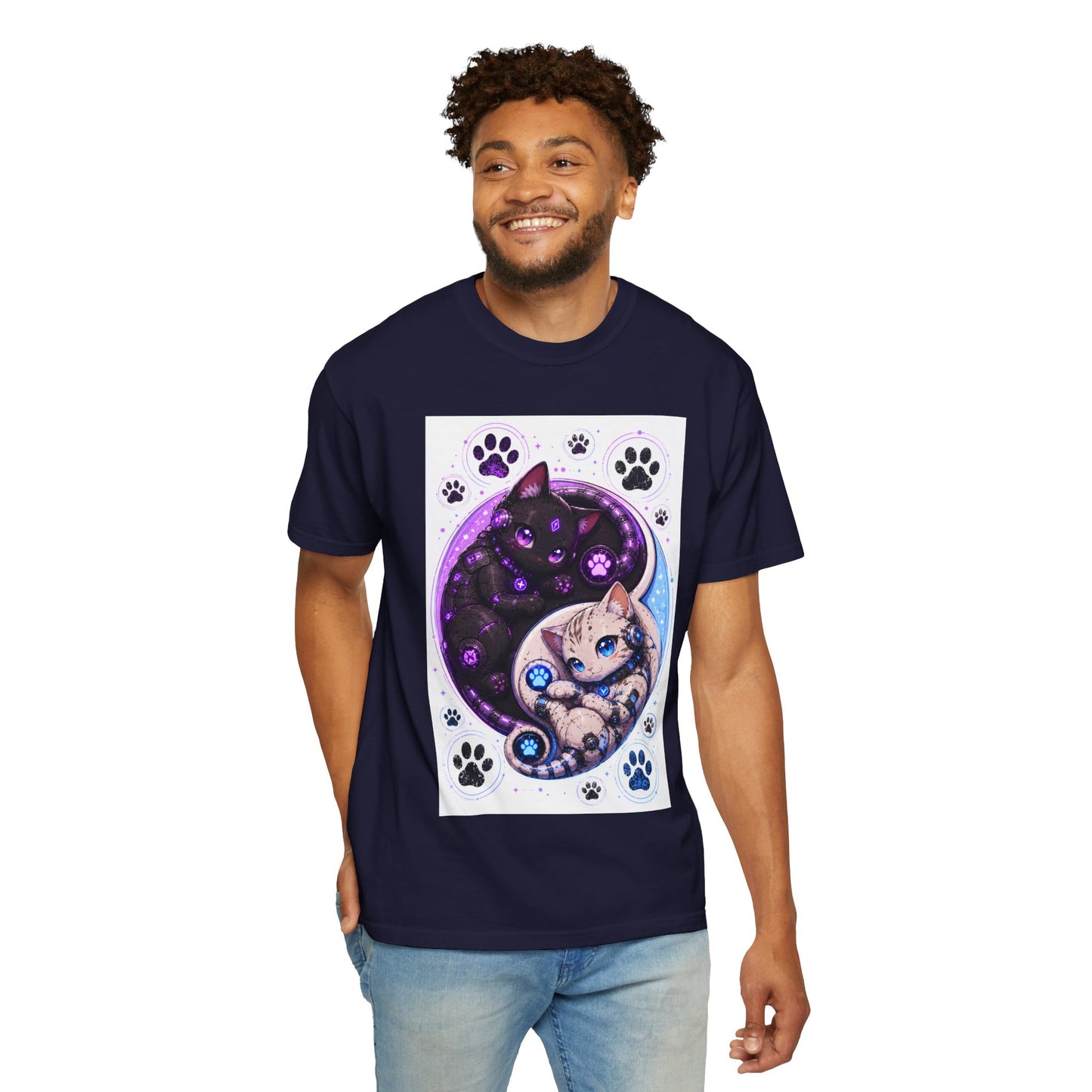 Yin Yang Cat T-Shirt — Cosmic Black & White Kittens Paw Print Tee