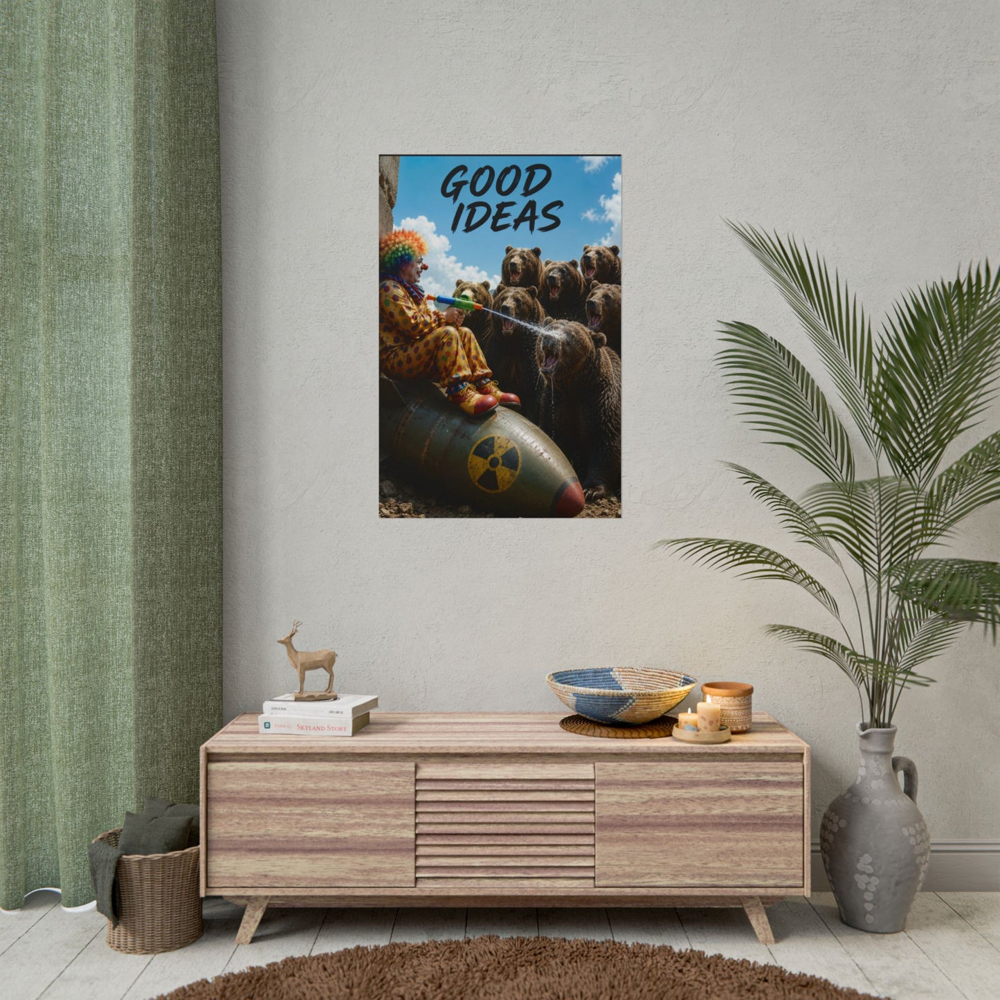Rolled Poster - 'Good Ideas' Clown on Bomb with Bears Surreal Art Print