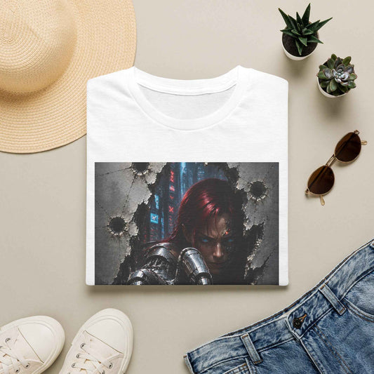 Cyberpunk Warrior Graphic T-Shirt — Red-Haired Brawler Design