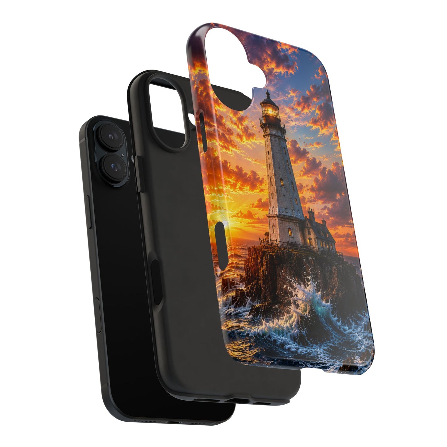 Lighthouse Sunset Tough Phone Case — Durable Coastal Ocean Wave Protection