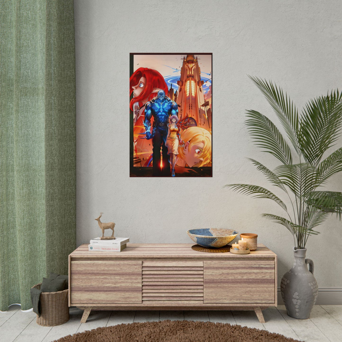 Anime Sci‑Fi Poster — Heroic Crew Tower Art Print (Rolled)