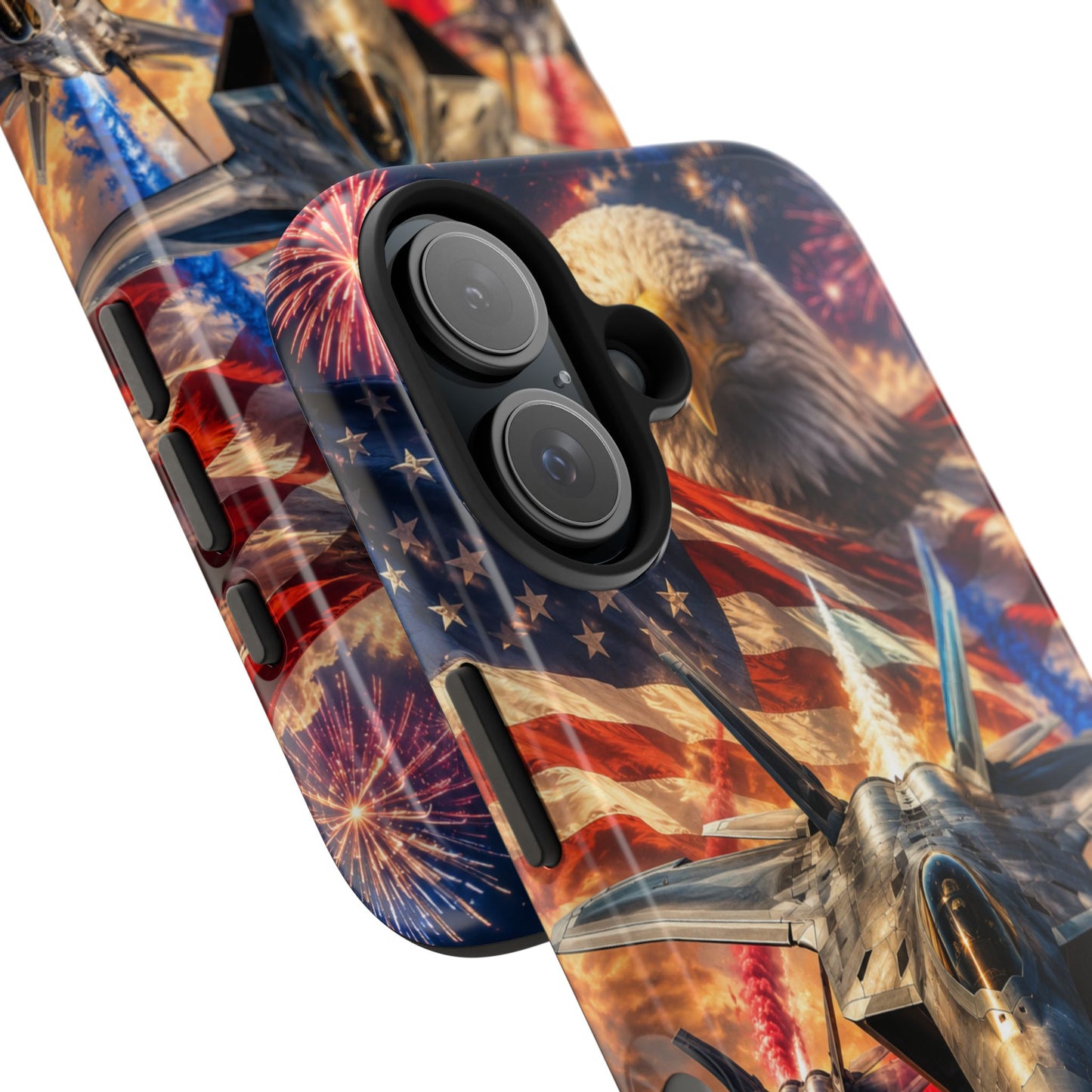 Patriotic Fighter Jet Phone Case with Eagle, American Flag & Fireworks Design