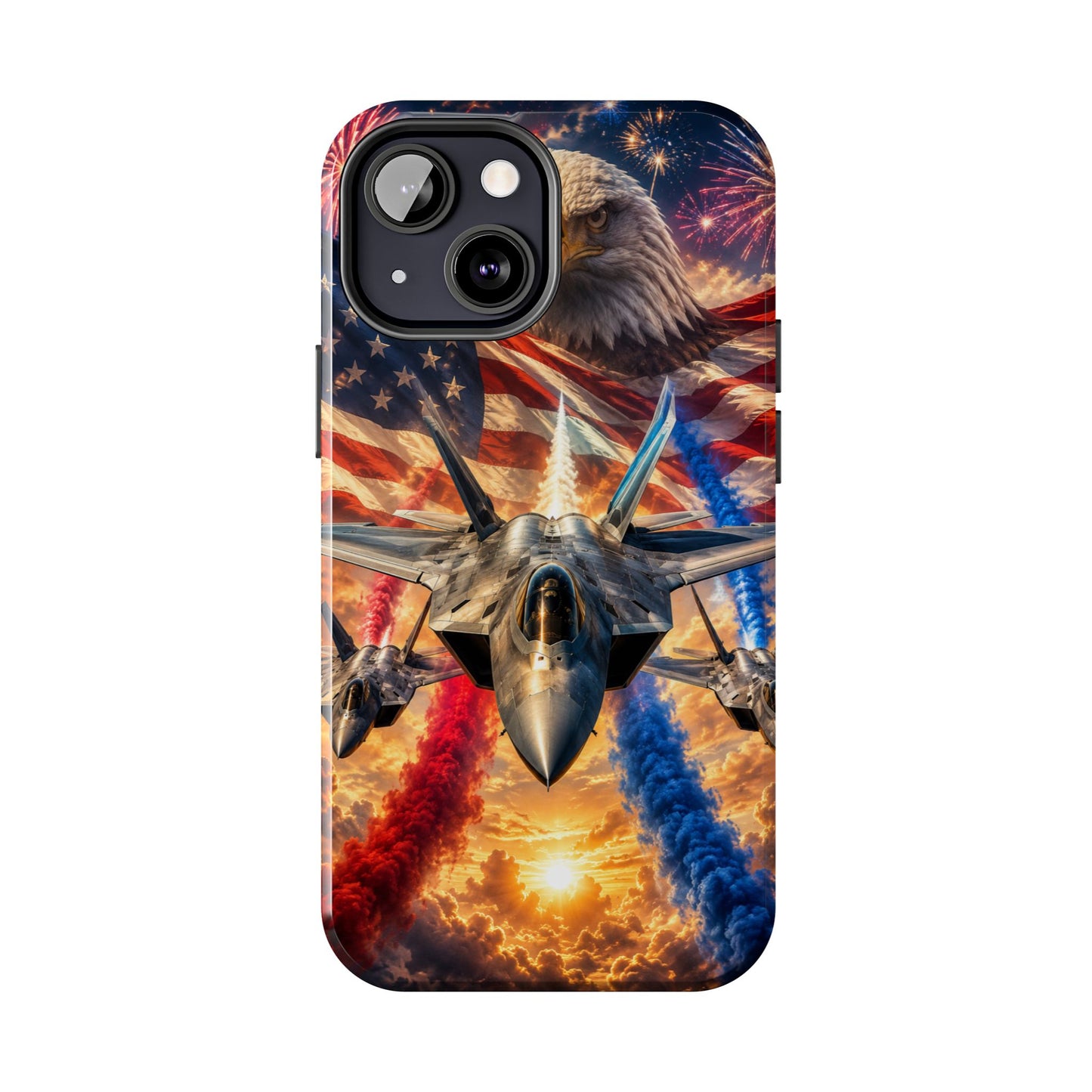 Patriotic Fighter Jet Phone Case with Eagle, American Flag & Fireworks Design