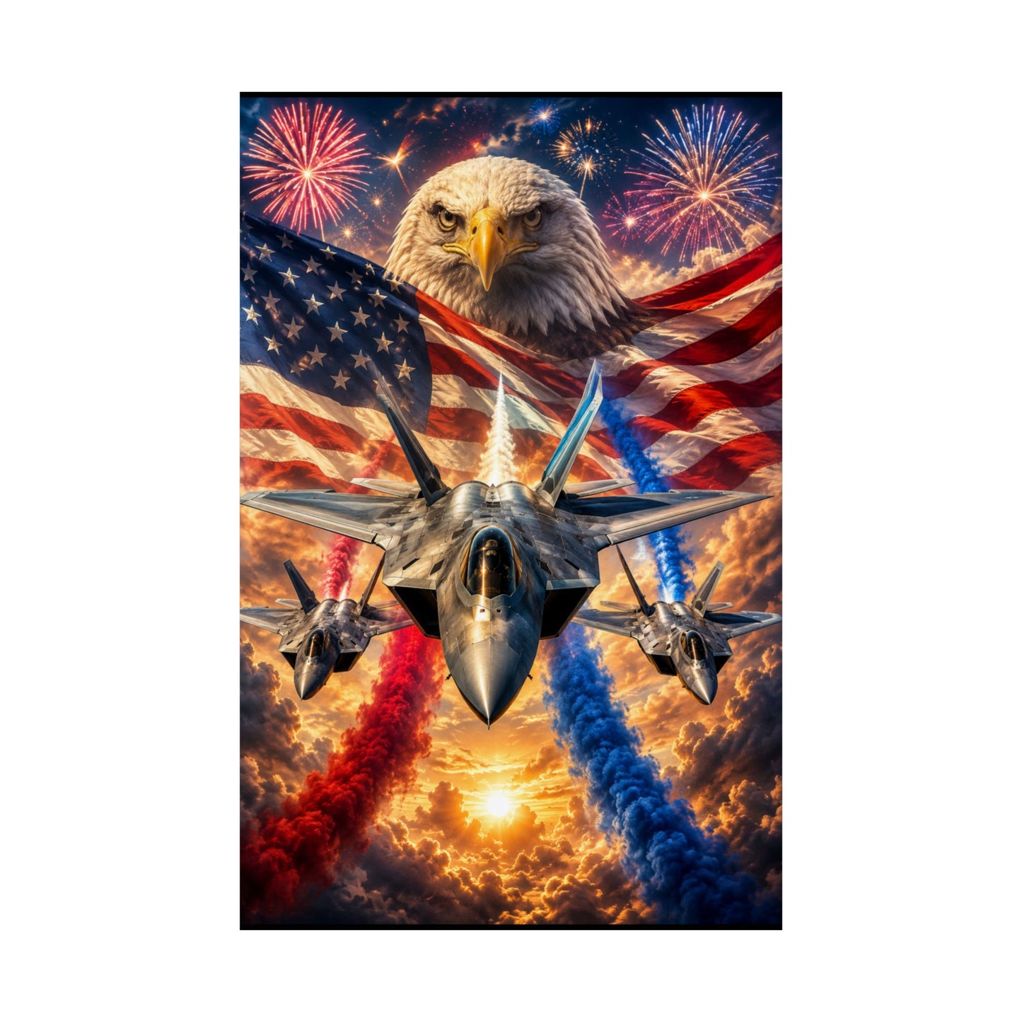 Patriotic Eagle & Fighter Jets Matte Vertical Poster — American Flag, Fireworks & 4th of July Wall Art