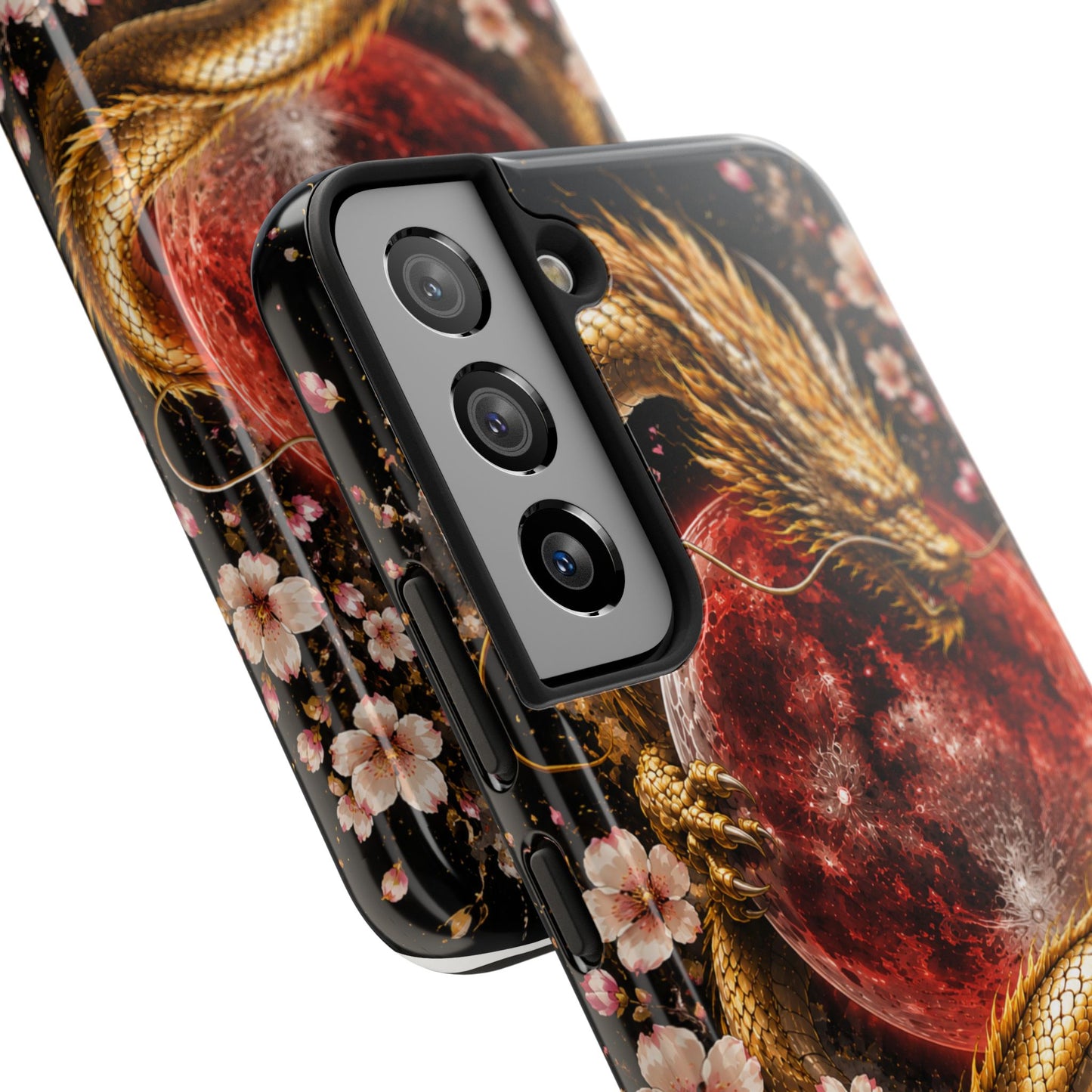 Golden Dragon Moon Tough Phone Case — Cherry Blossoms & Red Moon Protective Cover