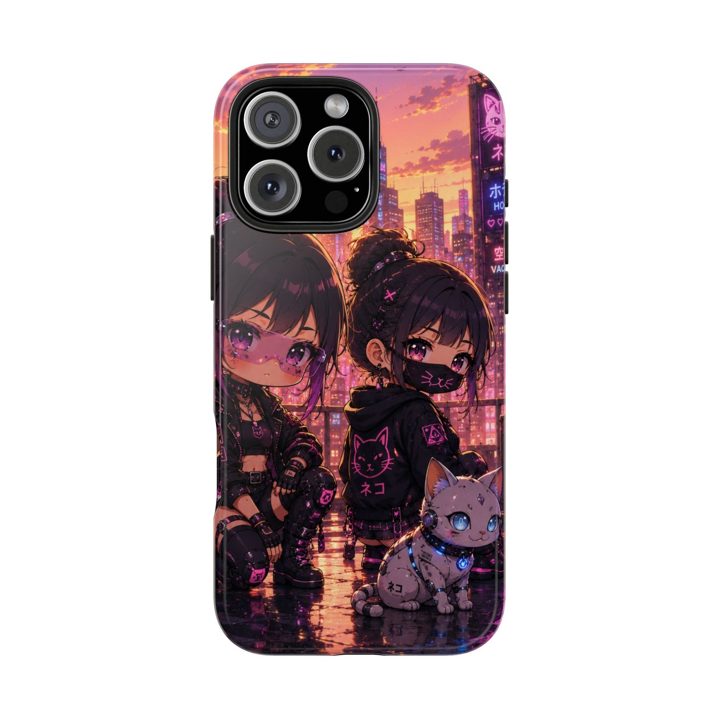 Anime City Night Tough Phone Case — Kawaii Cyberpunk Characters & Cat