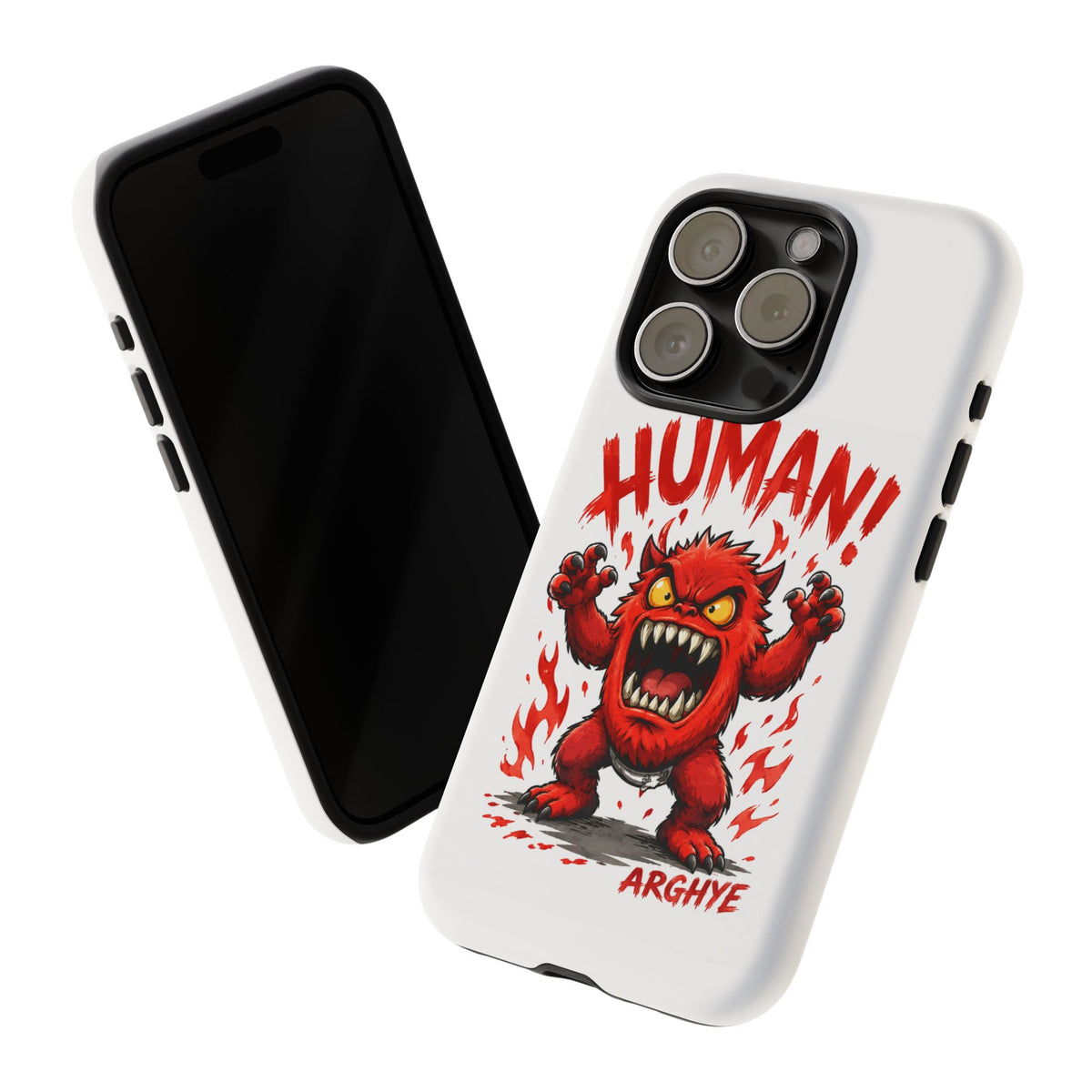 Angry Monster "HUMAN!" Phone Case — Cute Fiery Creature iPhone Cover