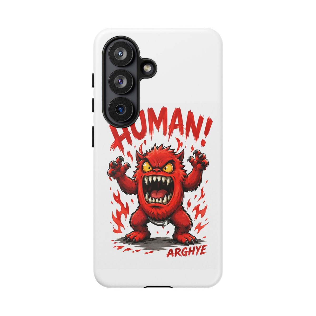 Angry Monster "HUMAN!" Phone Case — Cute Fiery Creature iPhone Cover