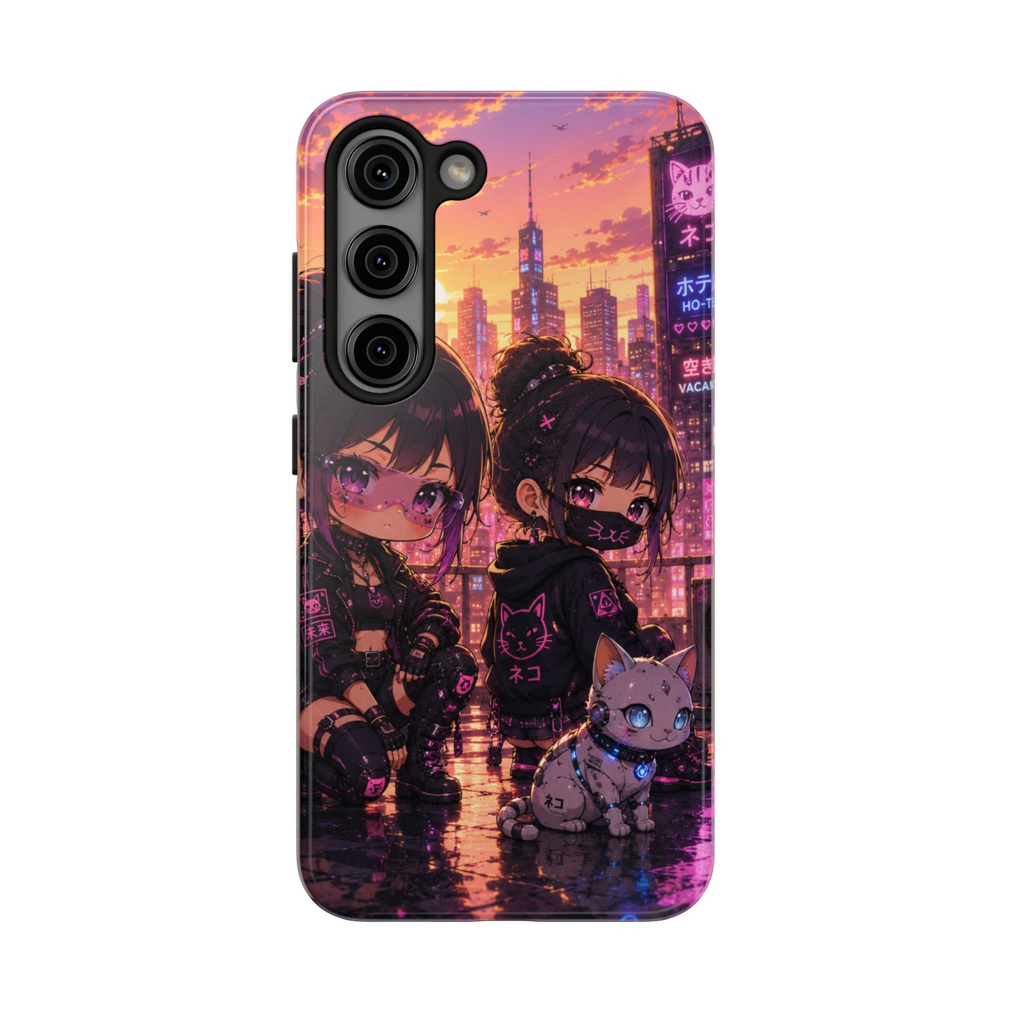 Anime City Night Tough Phone Case — Kawaii Cyberpunk Characters & Cat