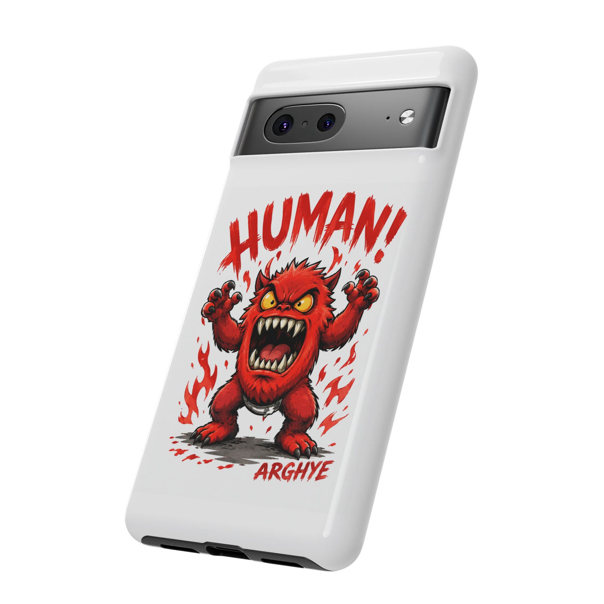 Angry Monster "HUMAN!" Phone Case — Cute Fiery Creature iPhone Cover