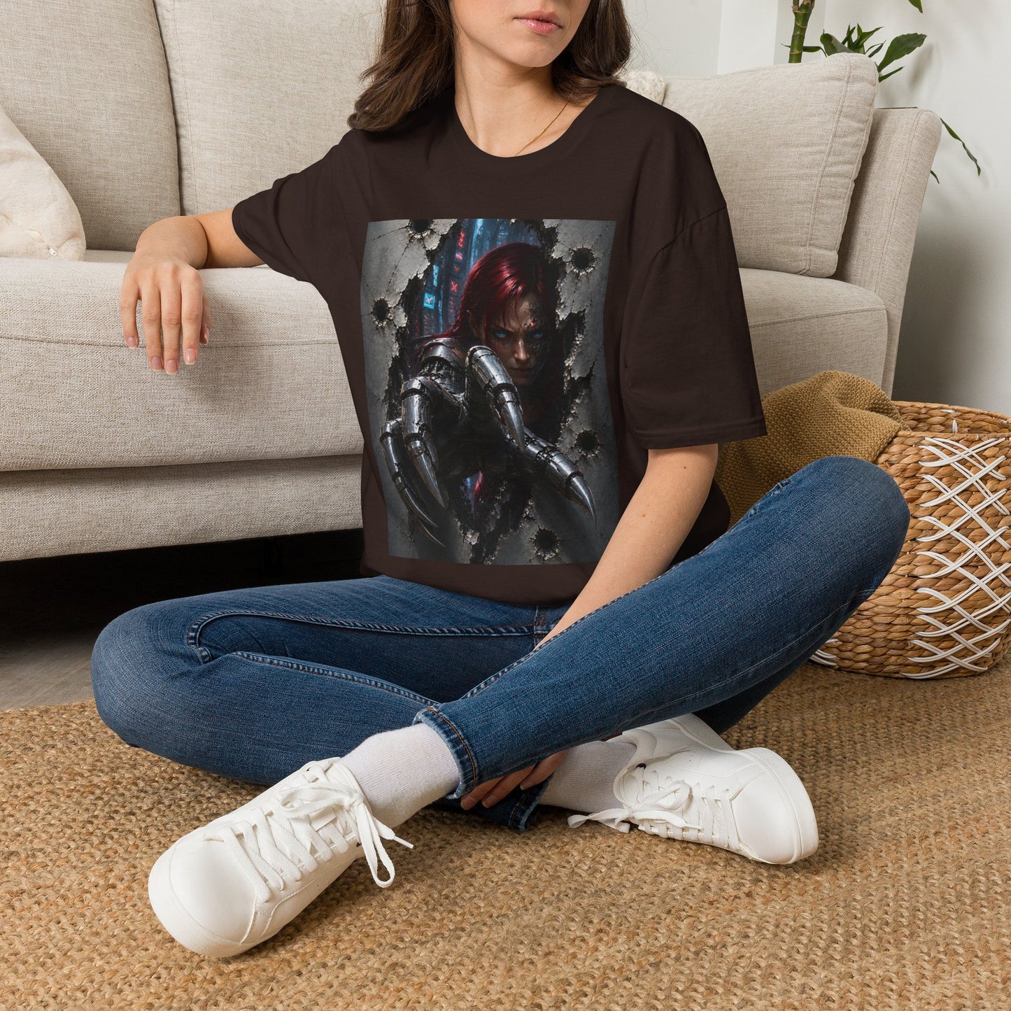 Cyberpunk Warrior Graphic T-Shirt — Red-Haired Brawler Design