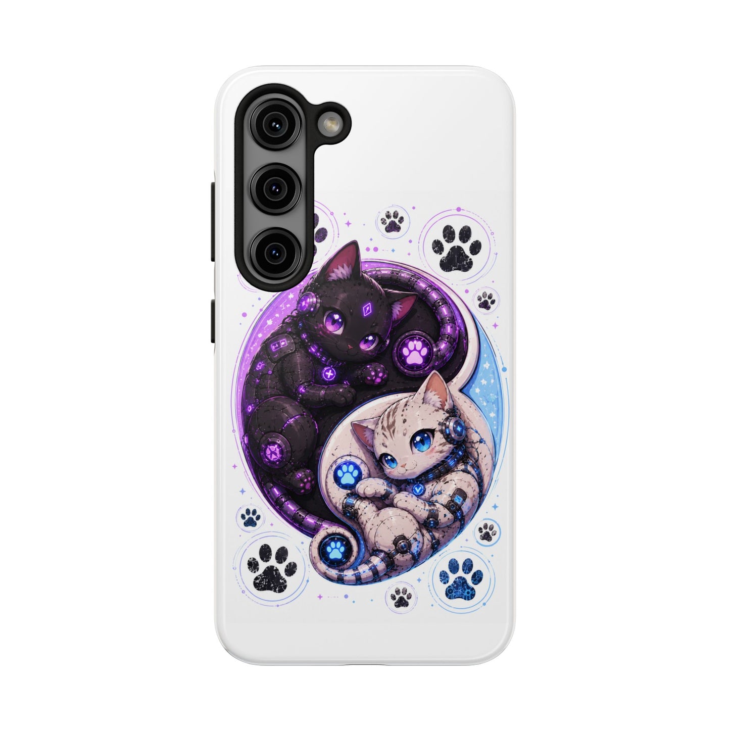 Cat Yin Yang Tough Phone Case — Black & White Kittens, Paw Print Protective Cover
