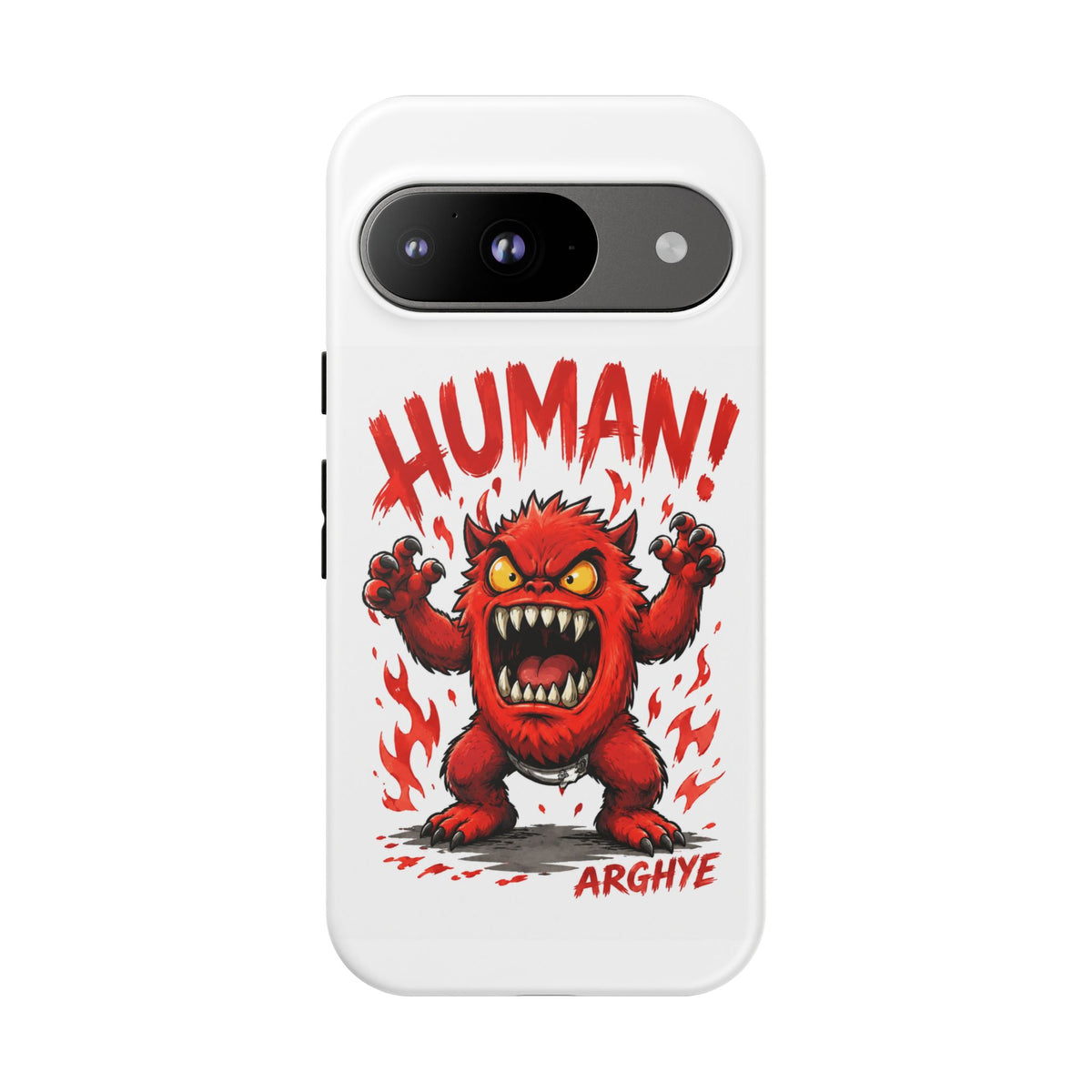 Angry Monster "HUMAN!" Phone Case — Cute Fiery Creature iPhone Cover