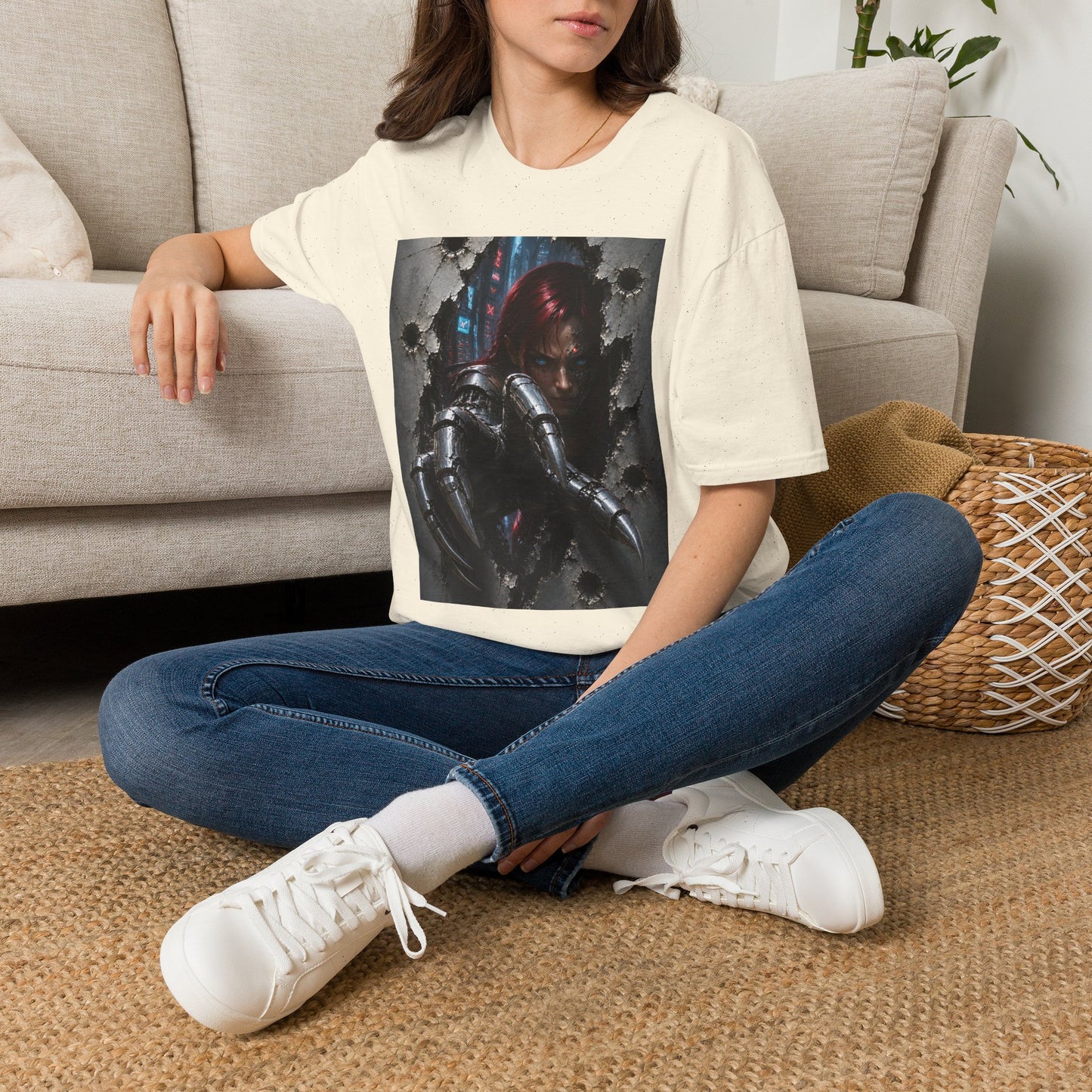 Cyberpunk Warrior Graphic T-Shirt — Red-Haired Brawler Design