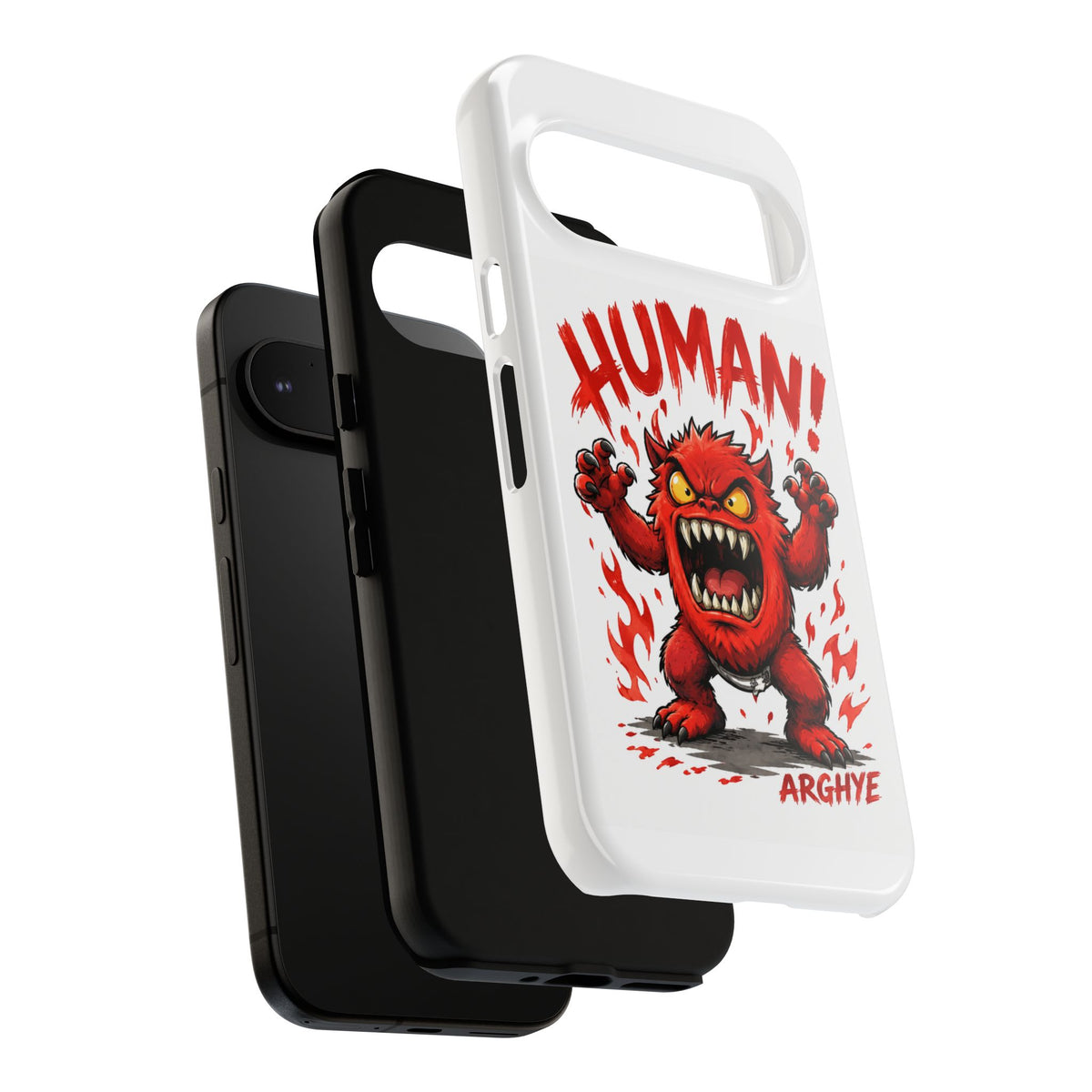 Angry Monster "HUMAN!" Phone Case — Cute Fiery Creature iPhone Cover