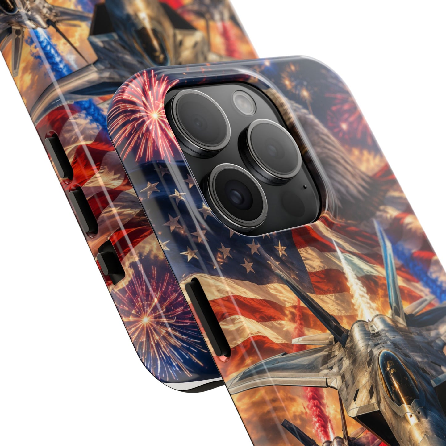 Patriotic Fighter Jet Phone Case with Eagle, American Flag & Fireworks Design