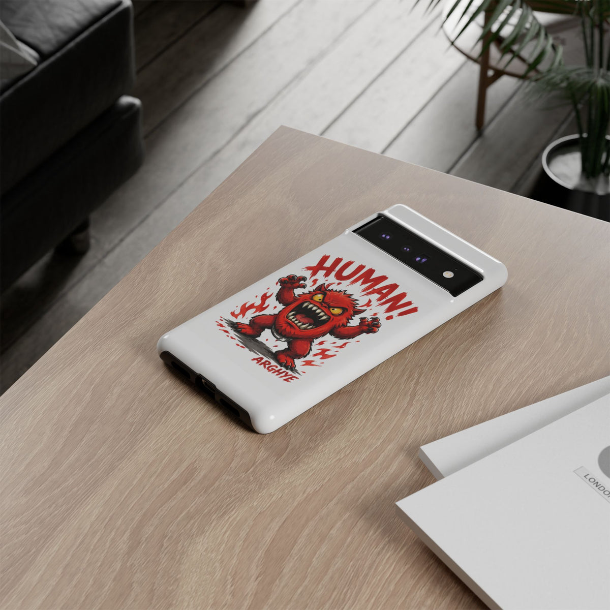 Angry Monster "HUMAN!" Phone Case — Cute Fiery Creature iPhone Cover
