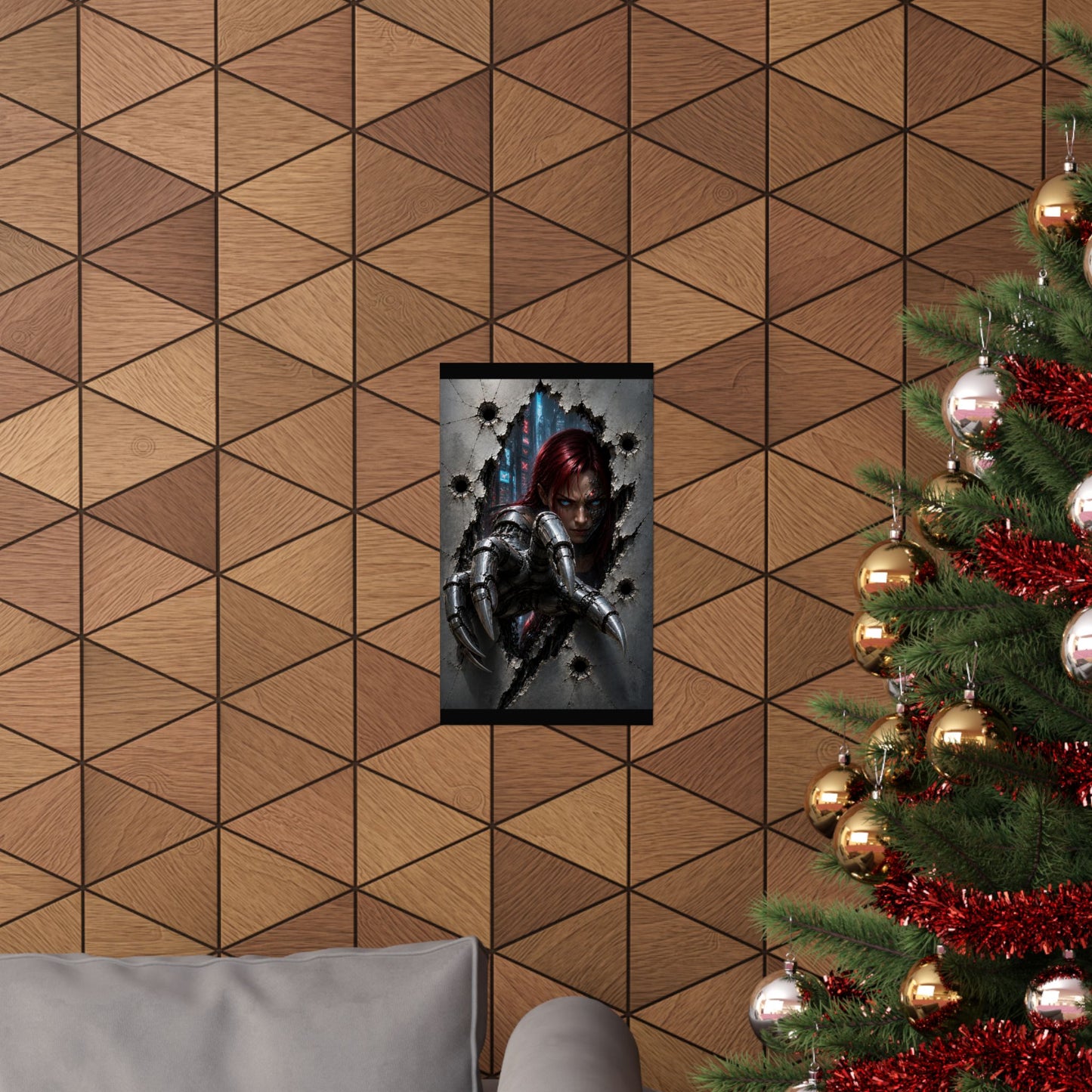 Cyberpunk Assassin Matte Poster — Red-Haired Cyborg Claw Wall Art