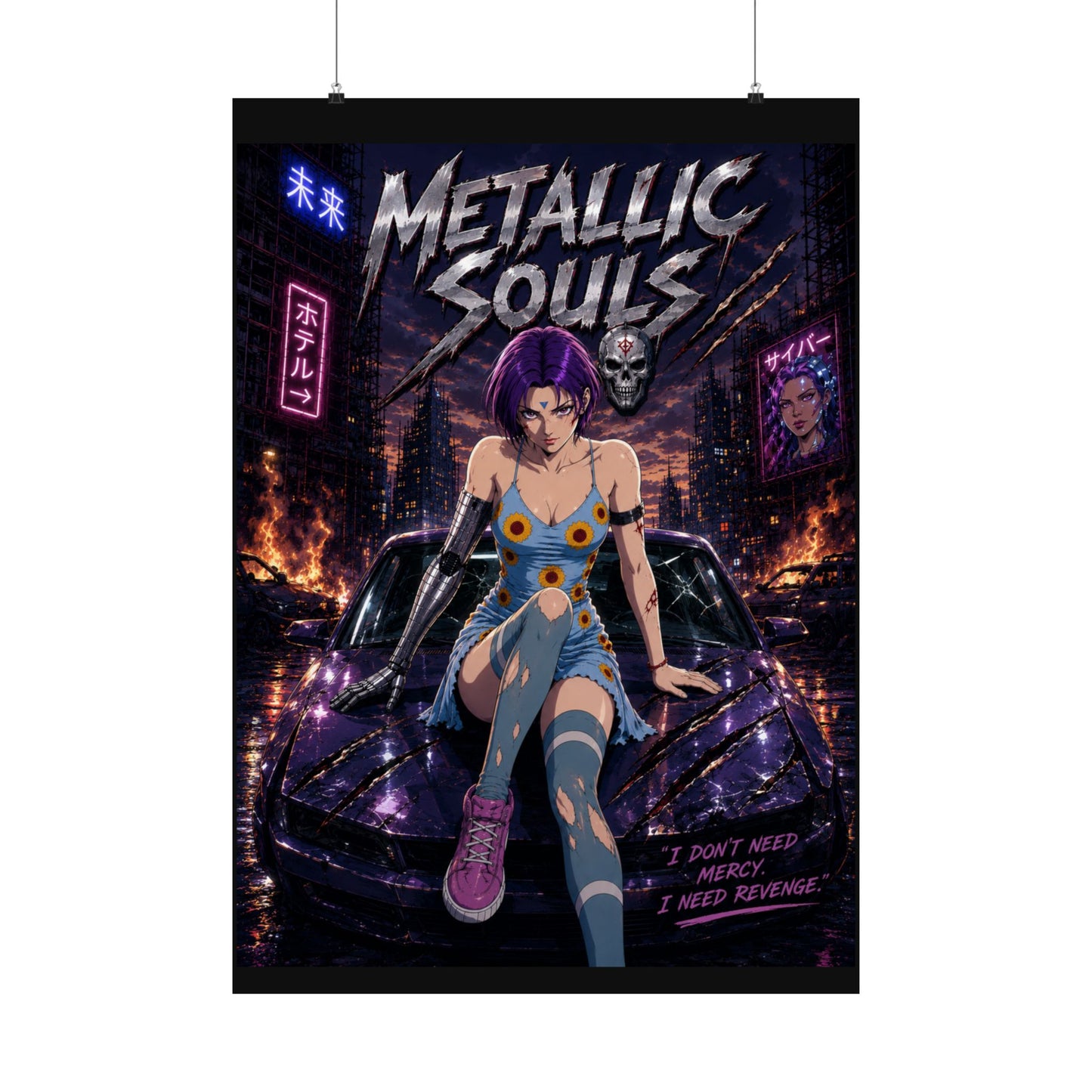 Metallic Souls Anime Poster — Cyberpunk Car Girl Matte Vertical Print