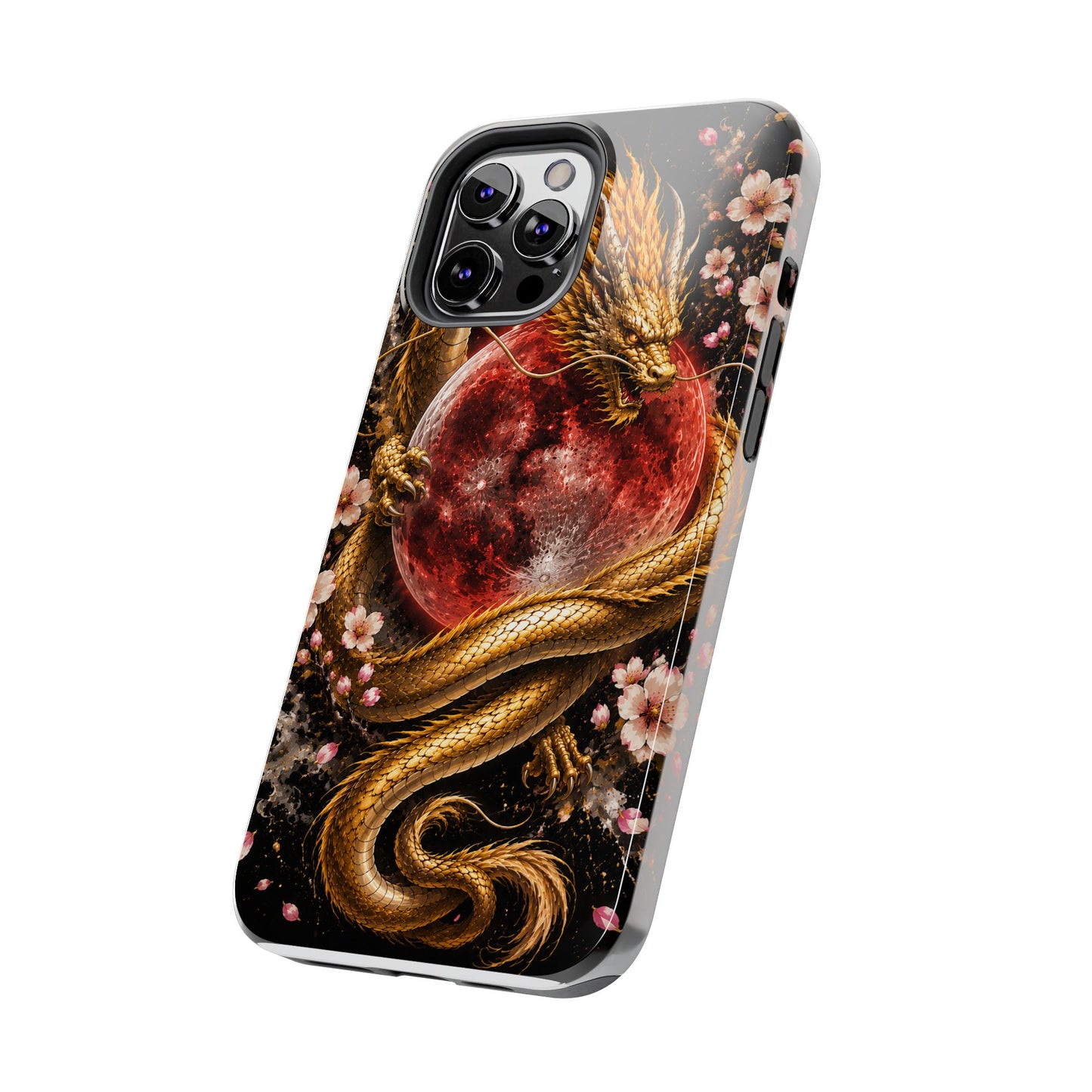 Golden Dragon Moon Tough Phone Case — Cherry Blossoms & Red Moon Protective Cover