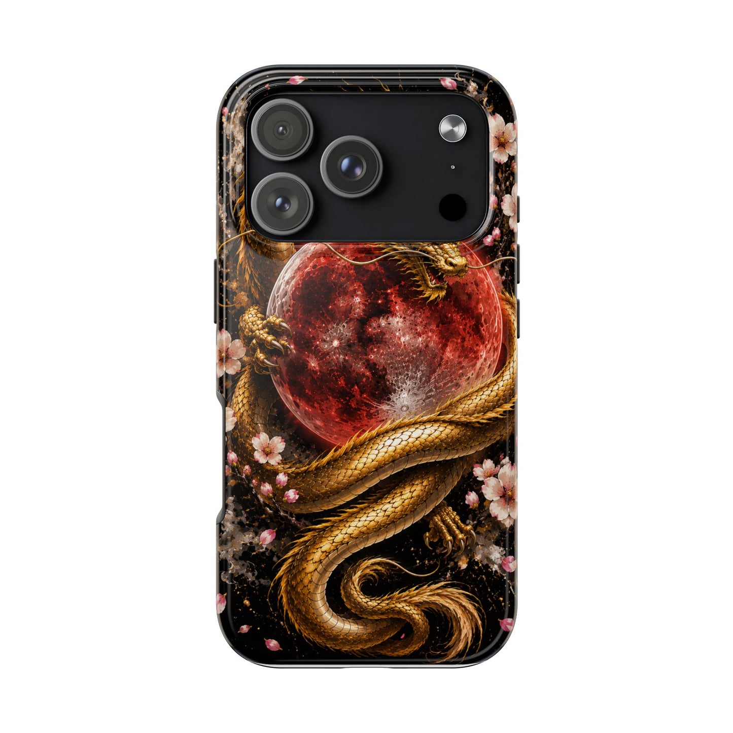 Golden Dragon Moon Tough Phone Case — Cherry Blossoms & Red Moon Protective Cover