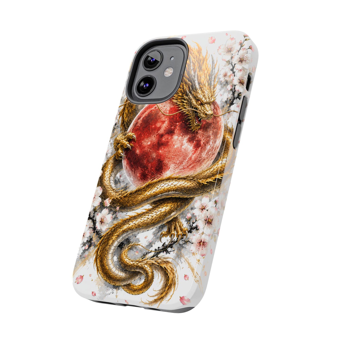 Golden Dragon Phone Case — Red Moon & Cherry Blossom Tough Phone Case