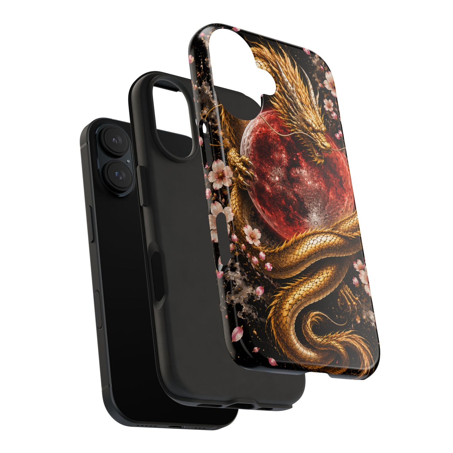 Golden Dragon Moon Tough Phone Case — Cherry Blossoms & Red Moon Protective Cover