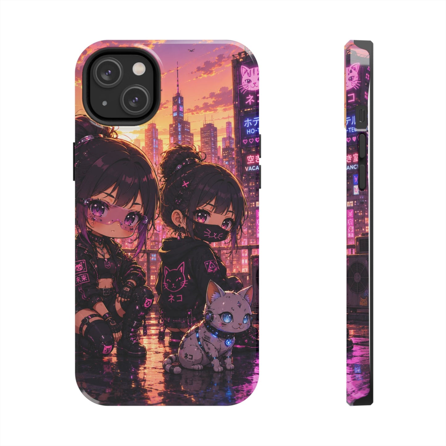 Anime City Night Tough Phone Case — Kawaii Cyberpunk Characters & Cat