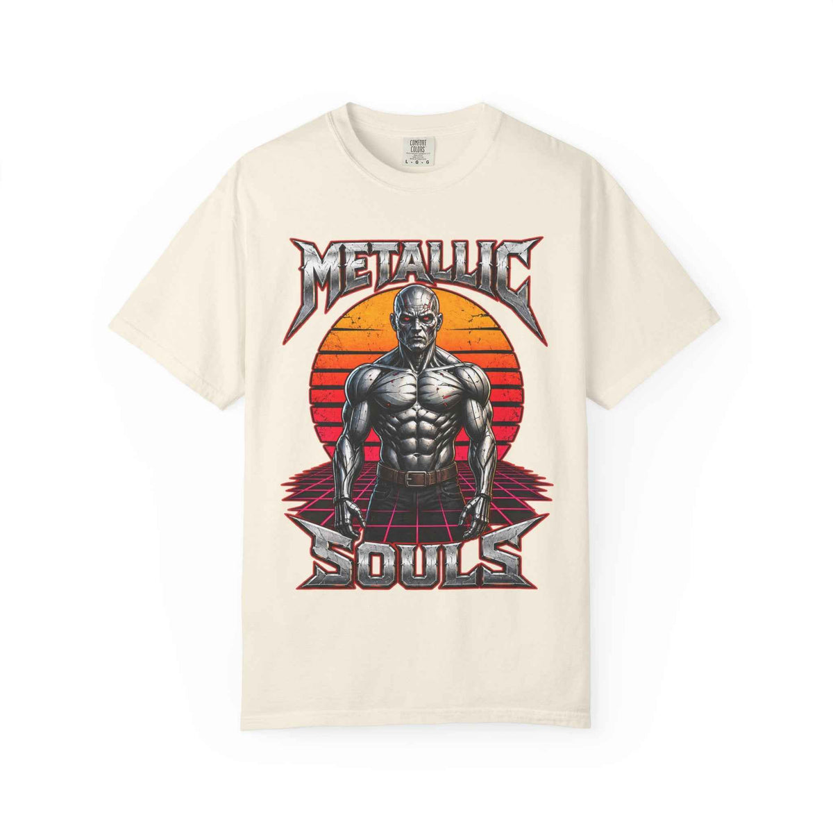 Metallic Souls T-Shirt — Retro Sunset Muscular Warrior Graphic Tee