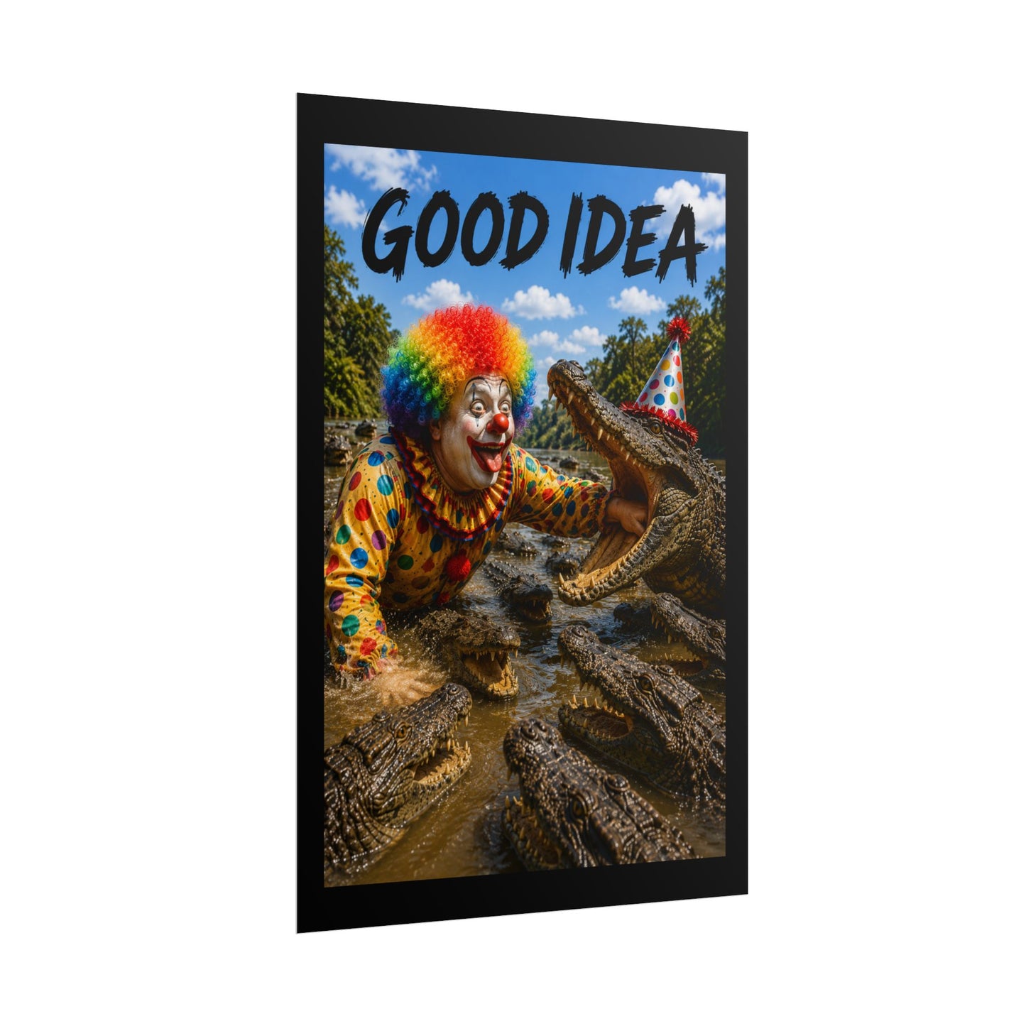 Clown & Crocodile 'Good Idea' Poster - Funny Surreal Wall Art