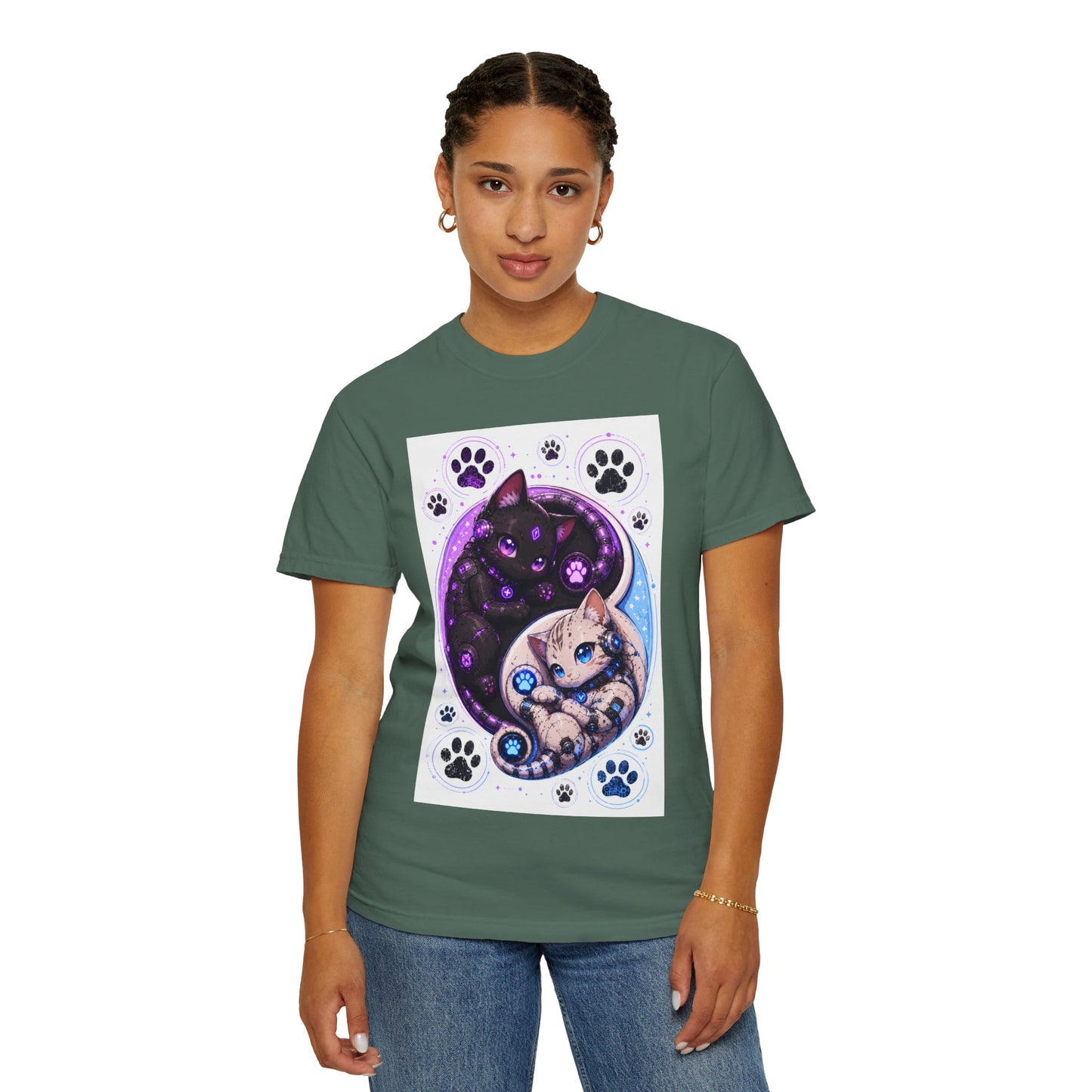 Yin Yang Cat T-Shirt — Cosmic Black & White Kittens Paw Print Tee