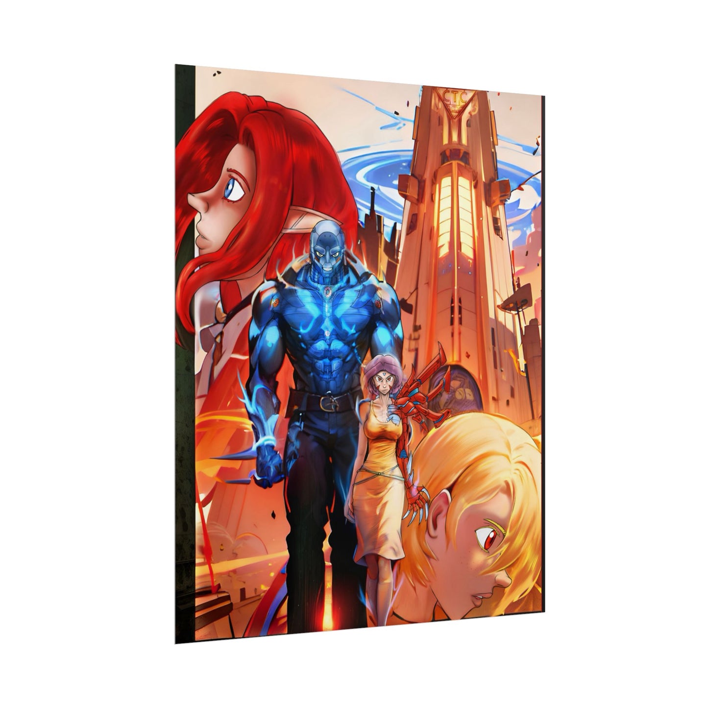 Anime Sci‑Fi Poster — Heroic Crew Tower Art Print (Rolled)