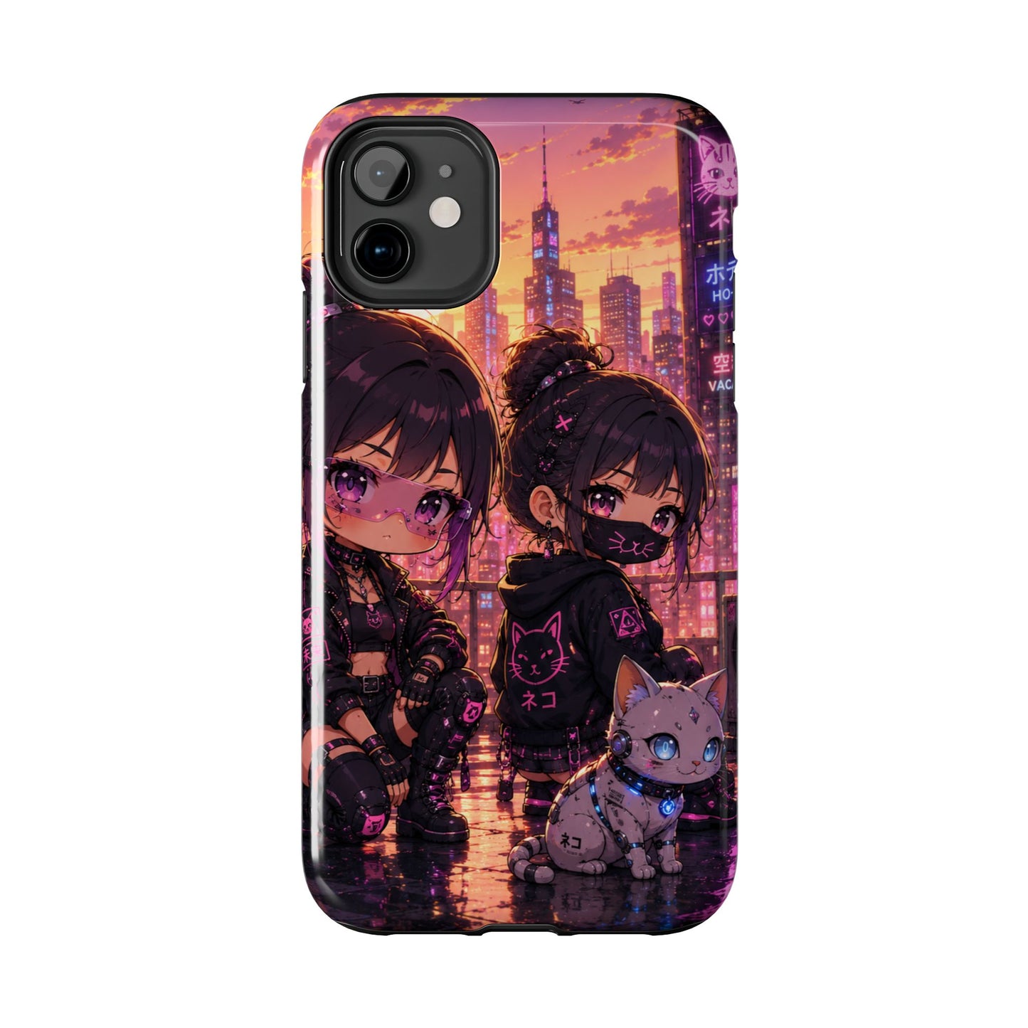 Anime City Night Tough Phone Case — Kawaii Cyberpunk Characters & Cat