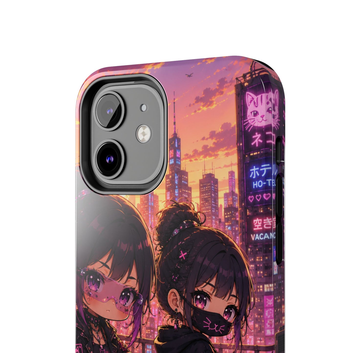 Anime City Night Tough Phone Case — Kawaii Cyberpunk Characters & Cat