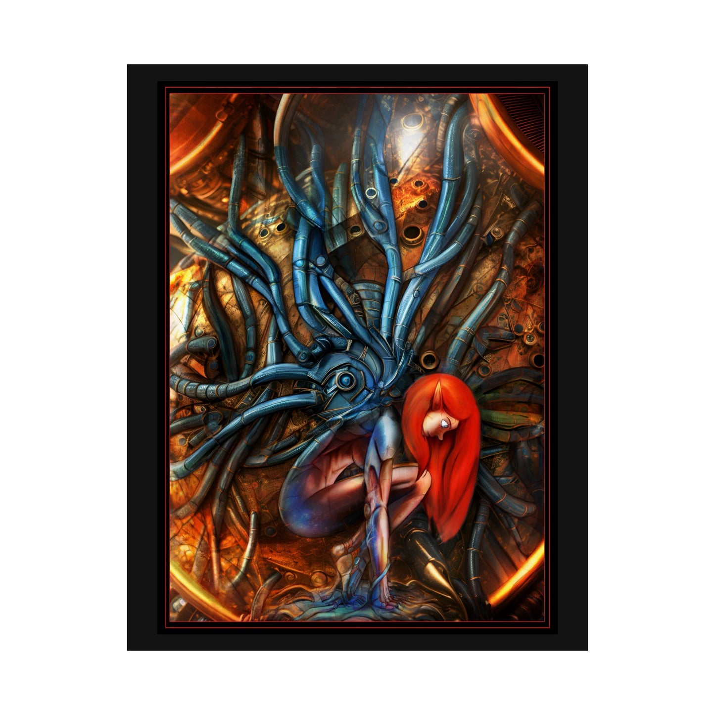 Sci‑Fi Surreal Poster — Red‑Haired Cyborg & Mechanical Kraken Matte Vertical Art