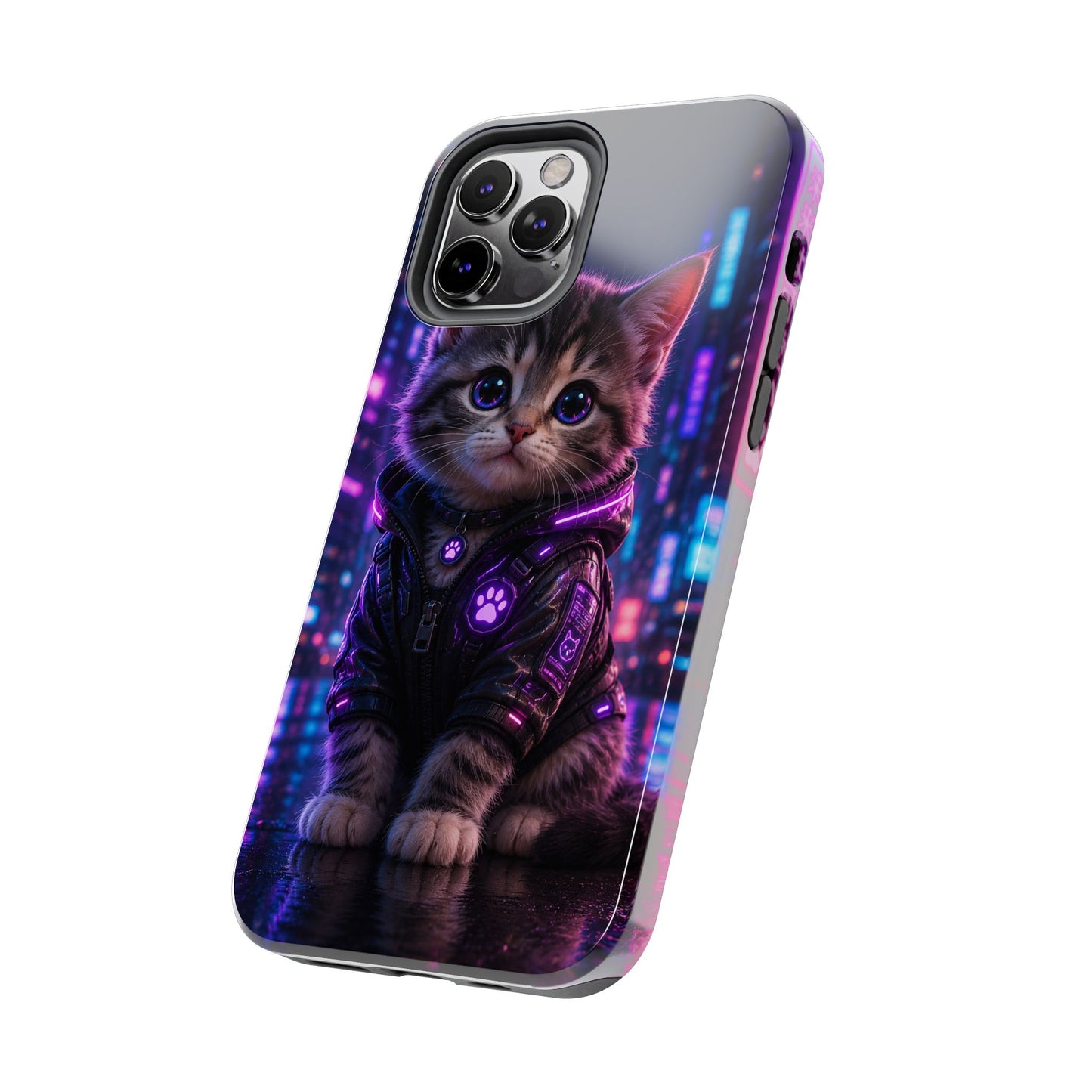 Cyberpunk Kitten Tough Phone Case — Neon Cat Protective Phone Cover