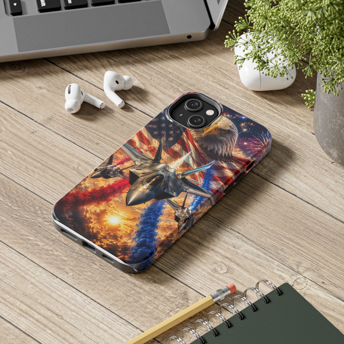 Patriotic Fighter Jet Phone Case with Eagle, American Flag & Fireworks Design