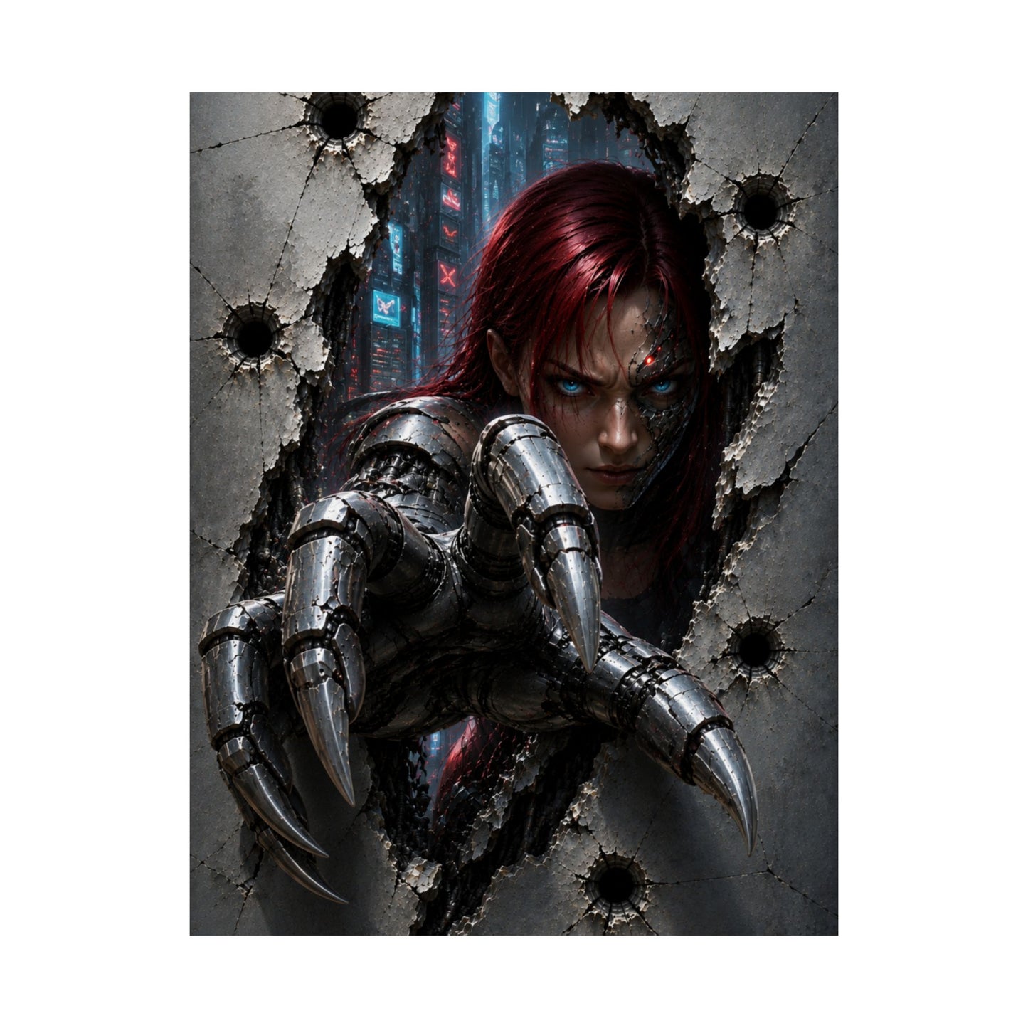 Cyberpunk Assassin Matte Poster — Red-Haired Cyborg Claw Wall Art