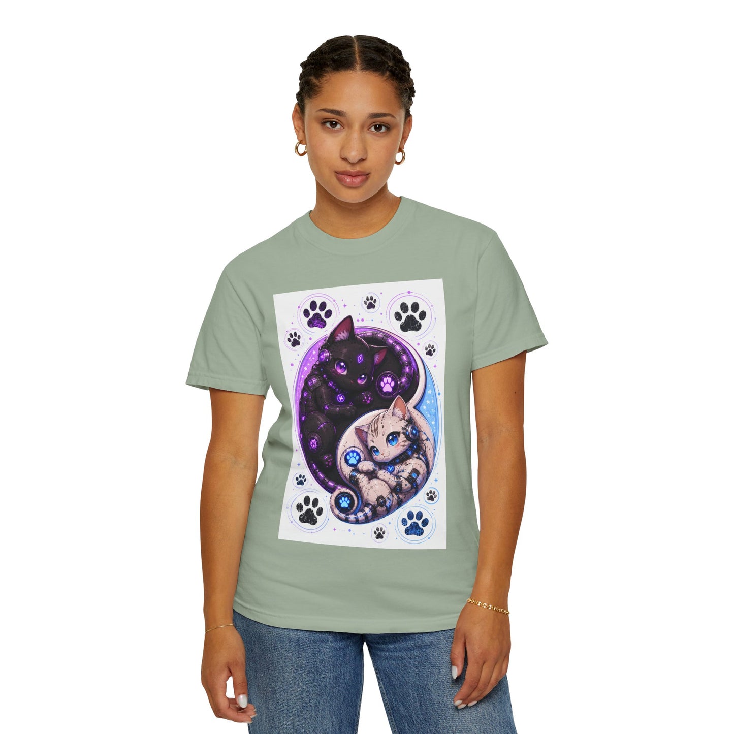 Yin Yang Cat T-Shirt — Cosmic Black & White Kittens Paw Print Tee