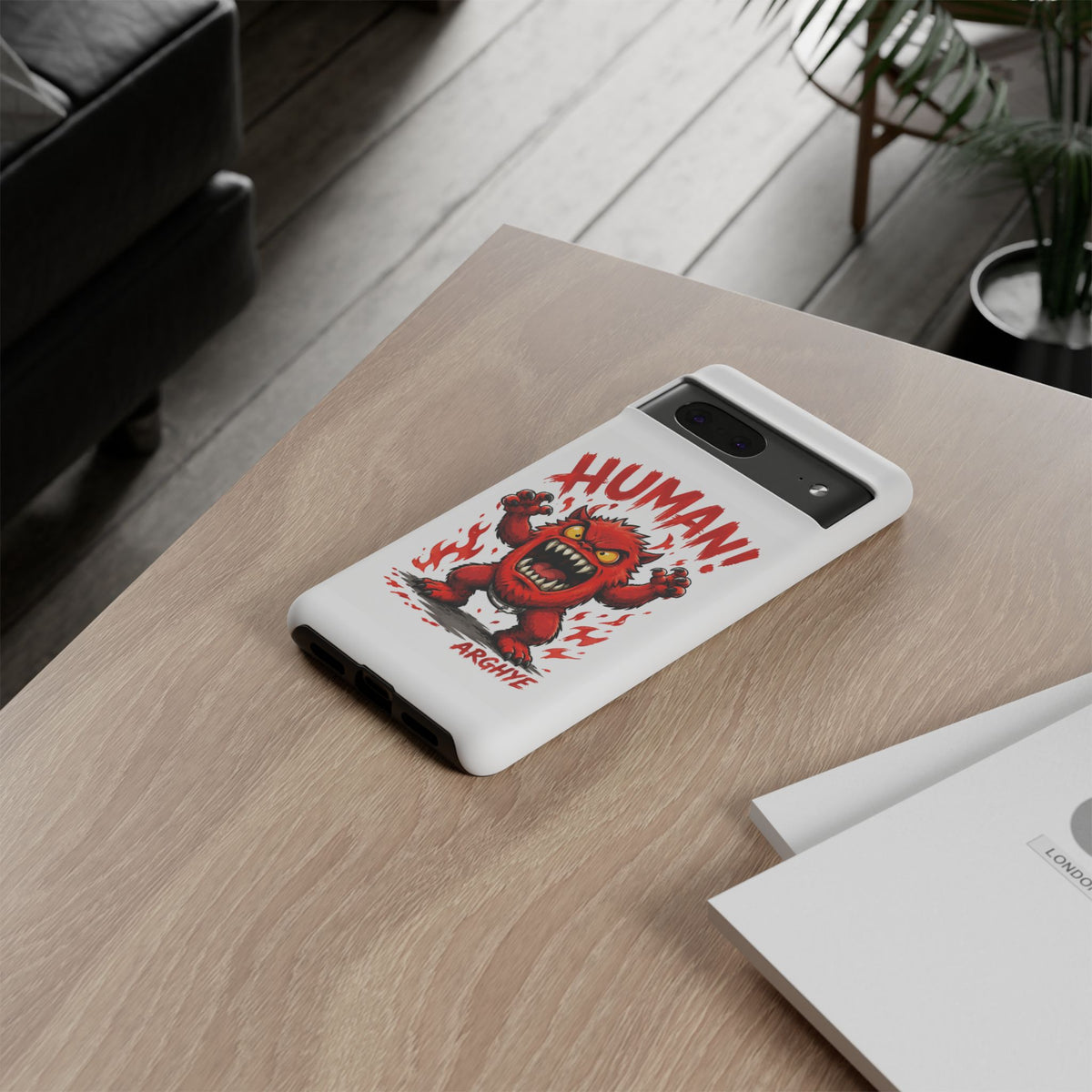 Angry Monster "HUMAN!" Phone Case — Cute Fiery Creature iPhone Cover