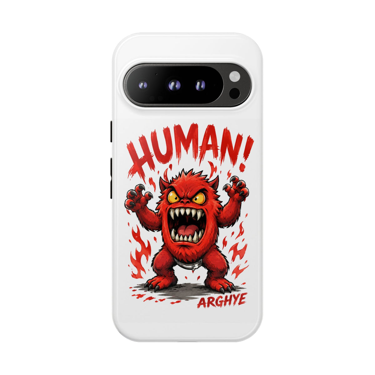 Angry Monster "HUMAN!" Phone Case — Cute Fiery Creature iPhone Cover