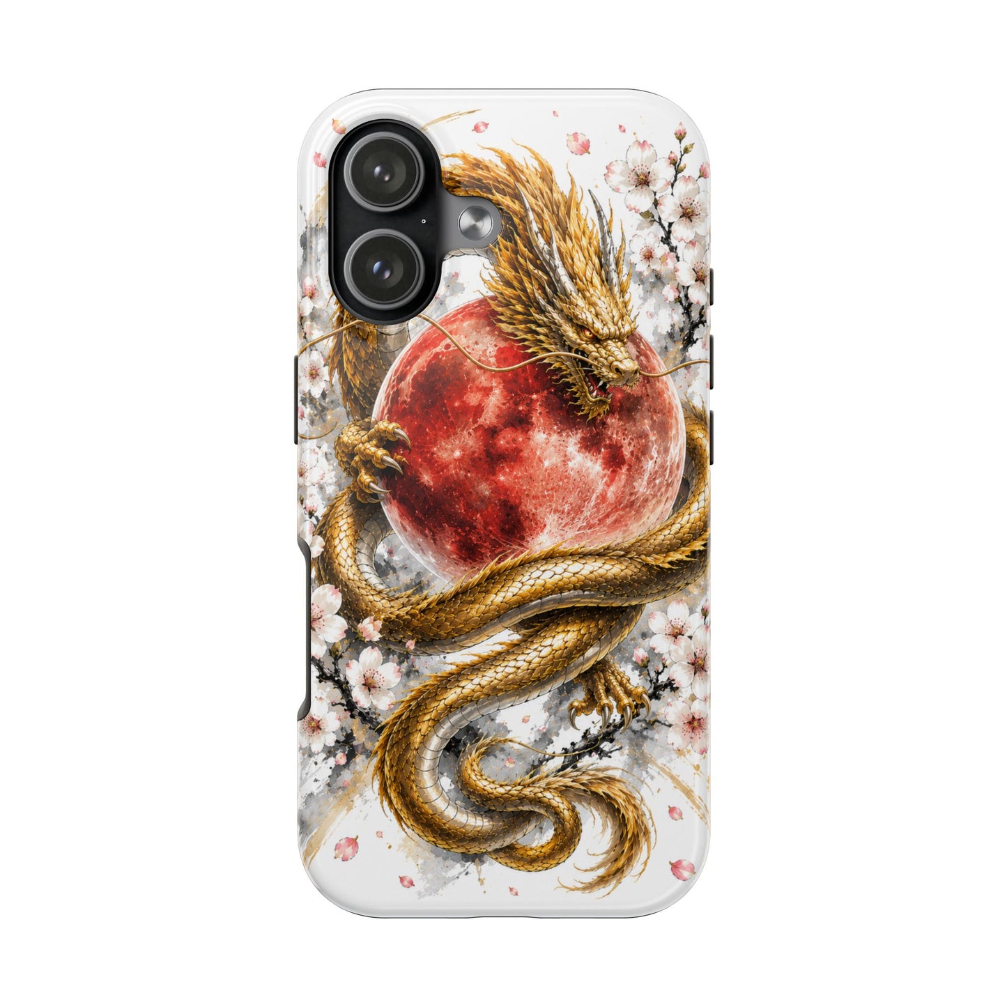 Golden Dragon Phone Case — Red Moon & Cherry Blossom Tough Phone Case