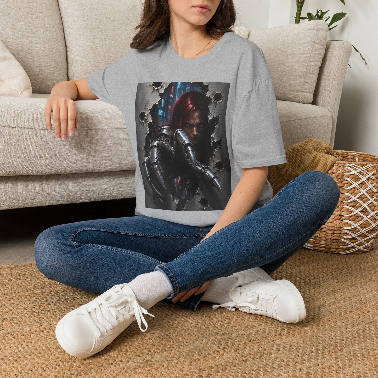 Cyberpunk Warrior Graphic T-Shirt — Red-Haired Brawler Design