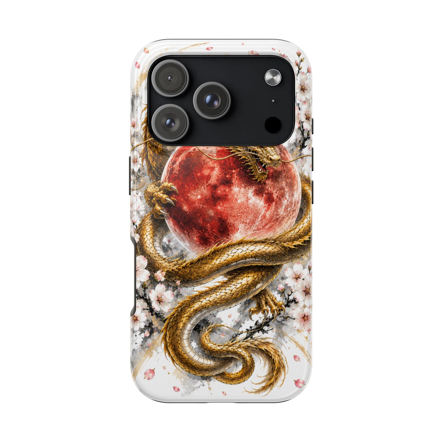 Golden Dragon Phone Case — Red Moon & Cherry Blossom Tough Phone Case