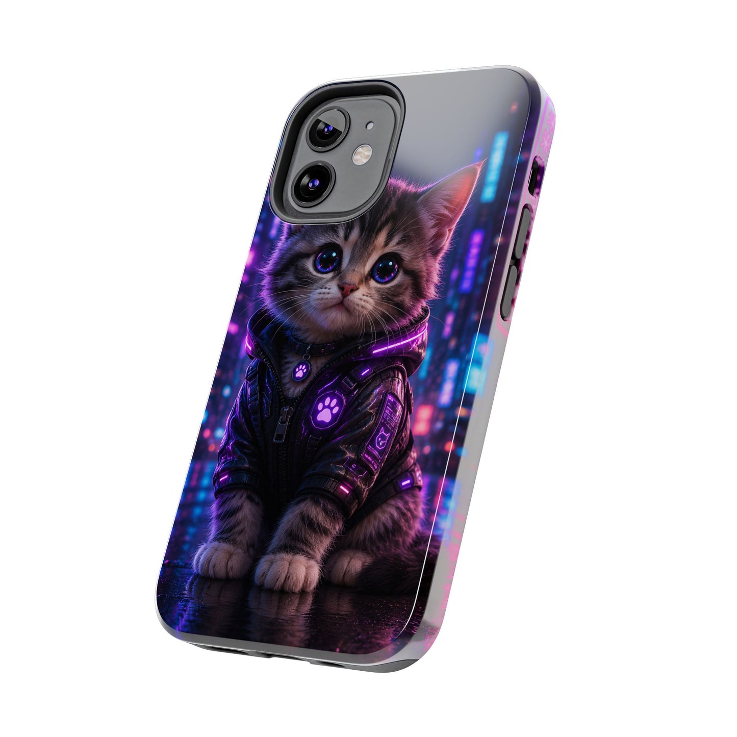 Cyberpunk Kitten Tough Phone Case — Neon Cat Protective Phone Cover